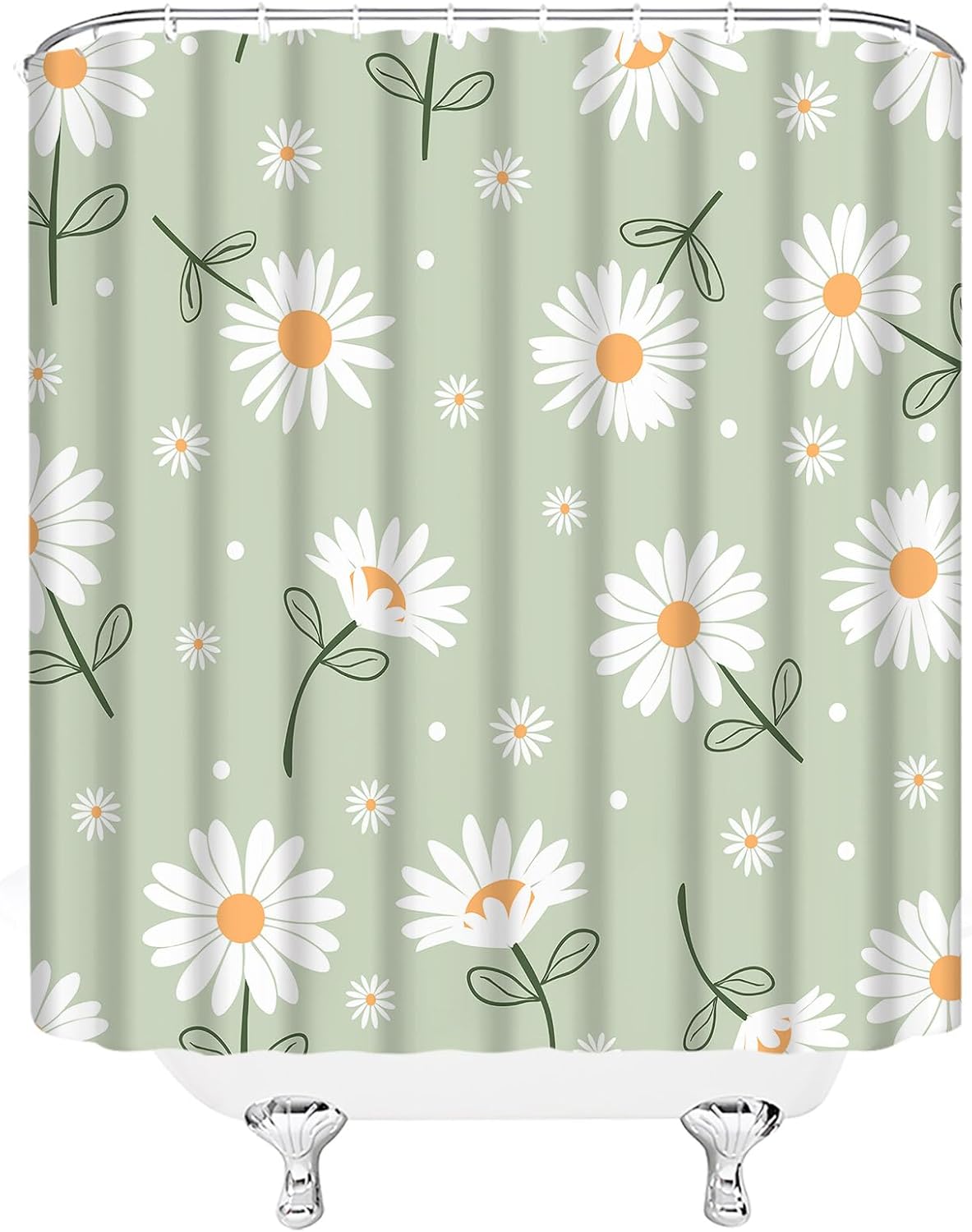 Green Daisy Shower Curtain Cute Floral Vintage Flowers Plants Wildflower Retro Women Fabric for Bathroom Decor Bathtub with Hooks(70" WX70 H)