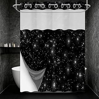 Star Space Hookless Shower Curtain with Snap in Liner, Black and White Watercolor Night Sky Galaxy No Hook Double Layer Shower Curtains and Liner Set, Waterproof Cloth Fabric, 71" W X 74" L