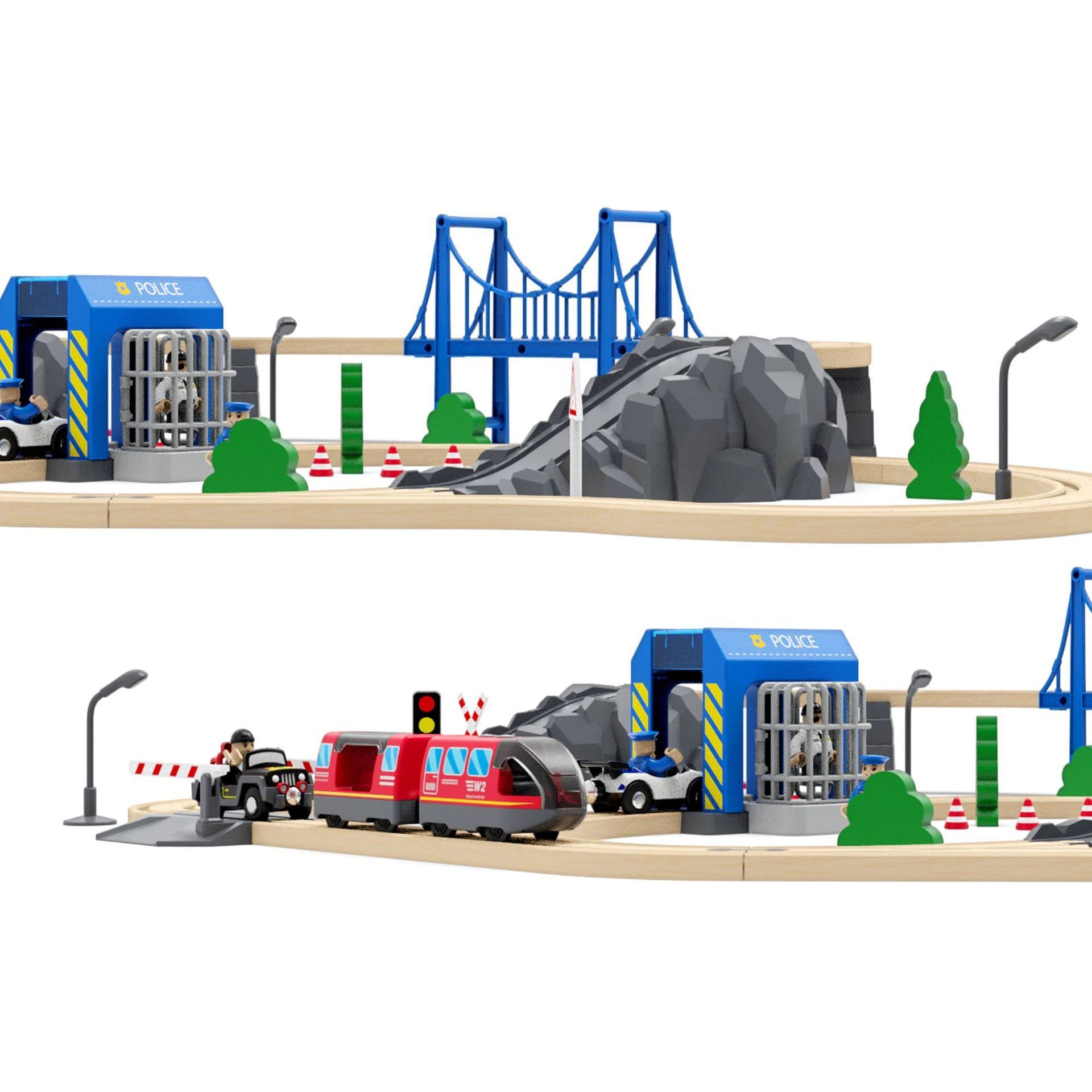 TOPLIVING Accesorios para carriles de madera, estación de policía, compatible con todos los carriles de ferrocarril, paquete de ampliación para niños a partir de 3 años