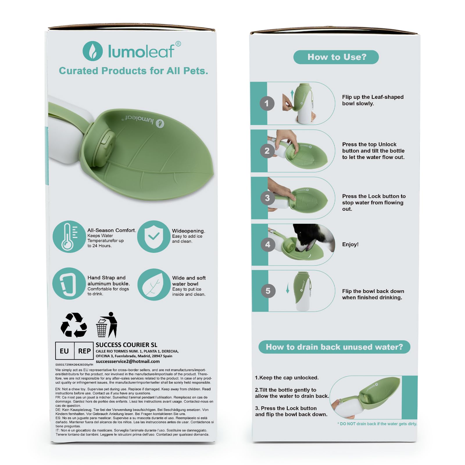 LumoLeaf Borraccia termica per cani, in acciaio inox, 765,4 g, mantiene l'acqua fresca o calda, ciotola portatile per animali domestici, per viaggi, bocca larga per un facile riempimento e pulizia del
