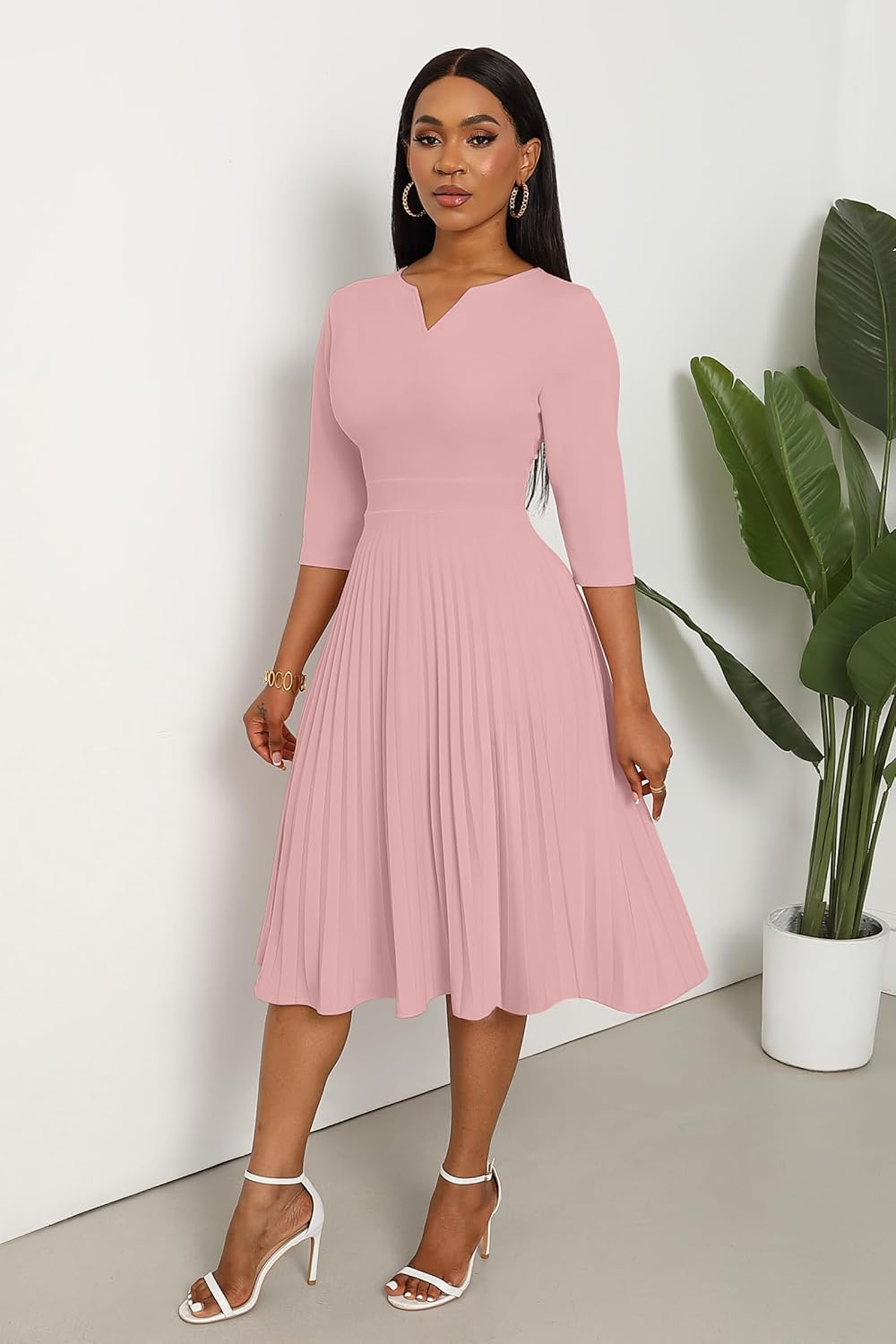 Nmoder Midi Dresses for Women - 3/4 Sleeve Pleated A Line V Neck Church Cocktail Wedding Guest Dress with Pockets - Image 4