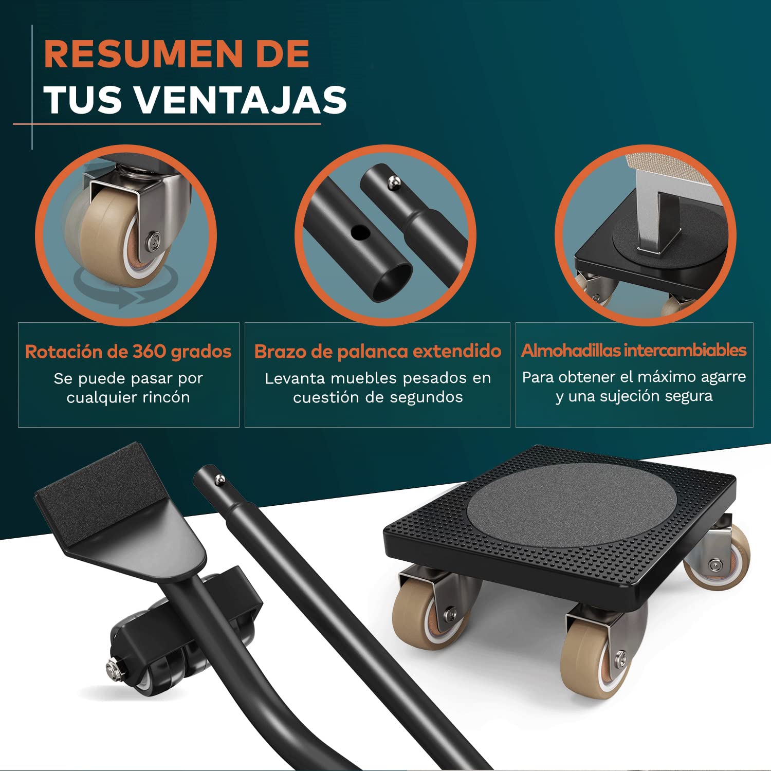 El Innovador Elevador de Muebles para Muebles Pesados de FAIRMO - 4 Ruedas Muebles y 1 Elevador de Carga (Incl. Almohadillas Antideslizantes) - Ruedas para Mover Muebles Pesados facilmente de TPE