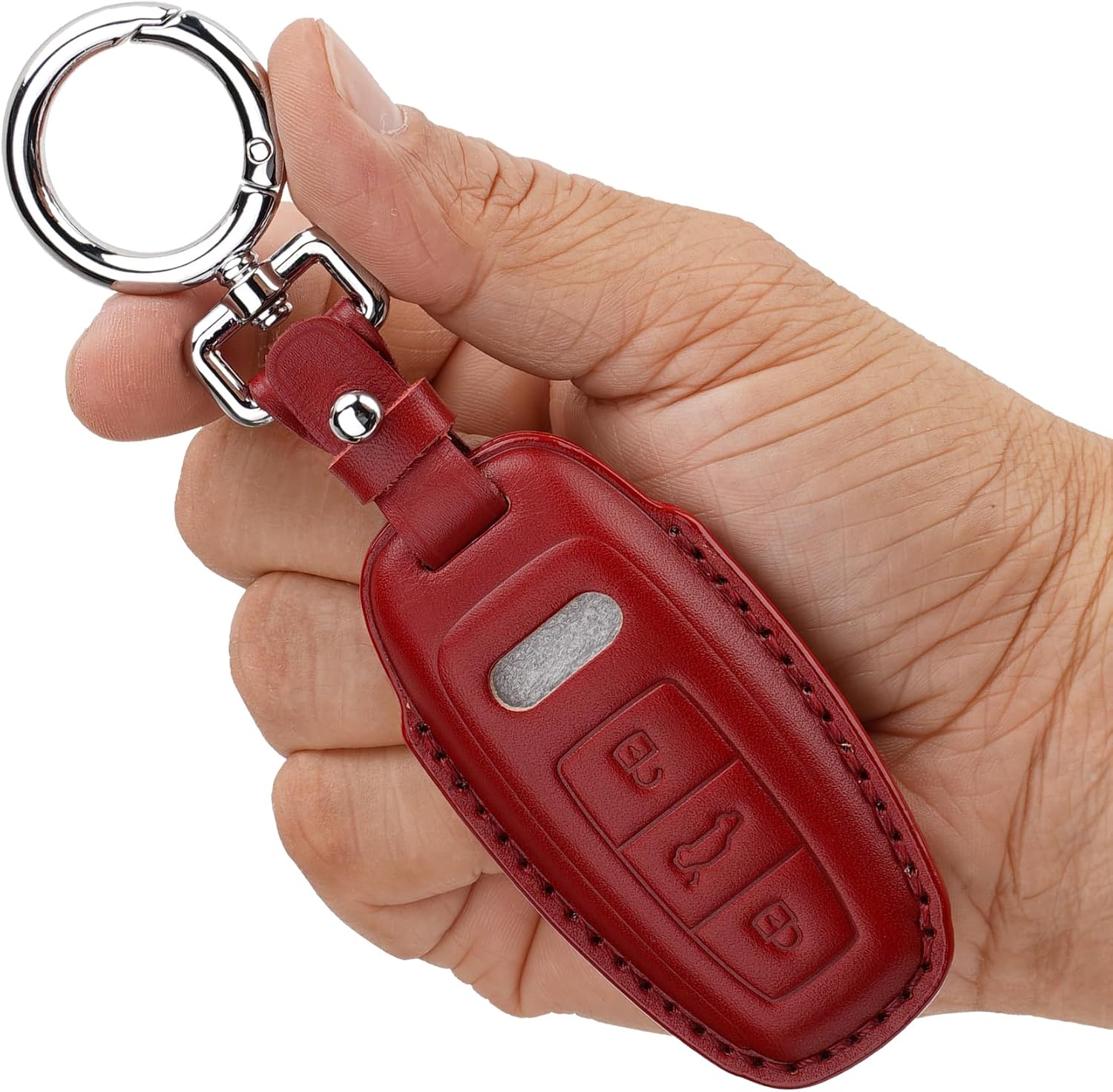 Genuine Leather Key Fob Cover with Keychain, Compatible with Audi 2019-2022 A3, A6, A7, E-Tron, A8, and Q8 Smart Key (Deep Red)
