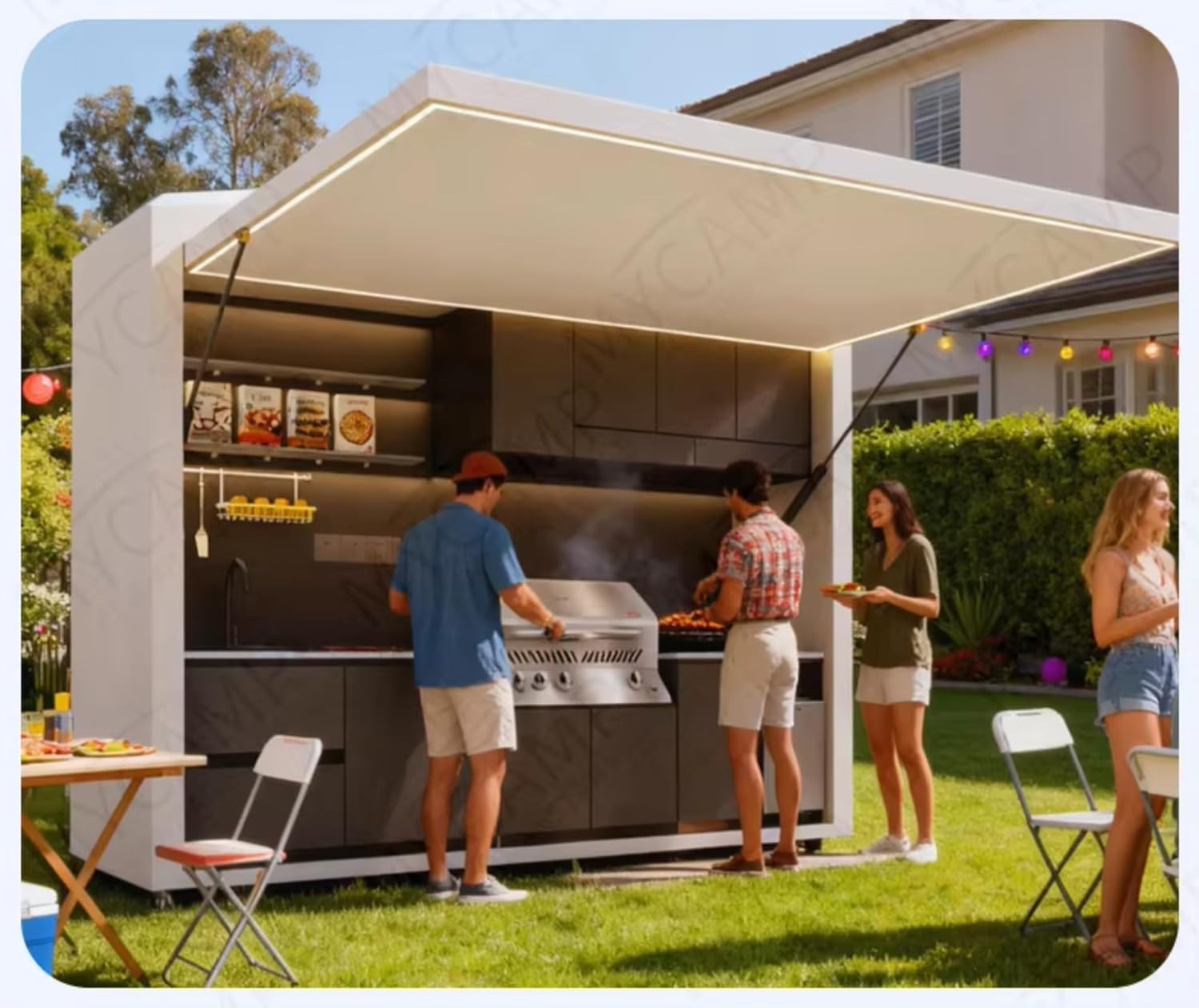 Stainless Steel Modular Outdoor Kitchen Cabinets Sets, Custom Outdoor Kitchen with BBQ Grills Sinks Light Counter Top