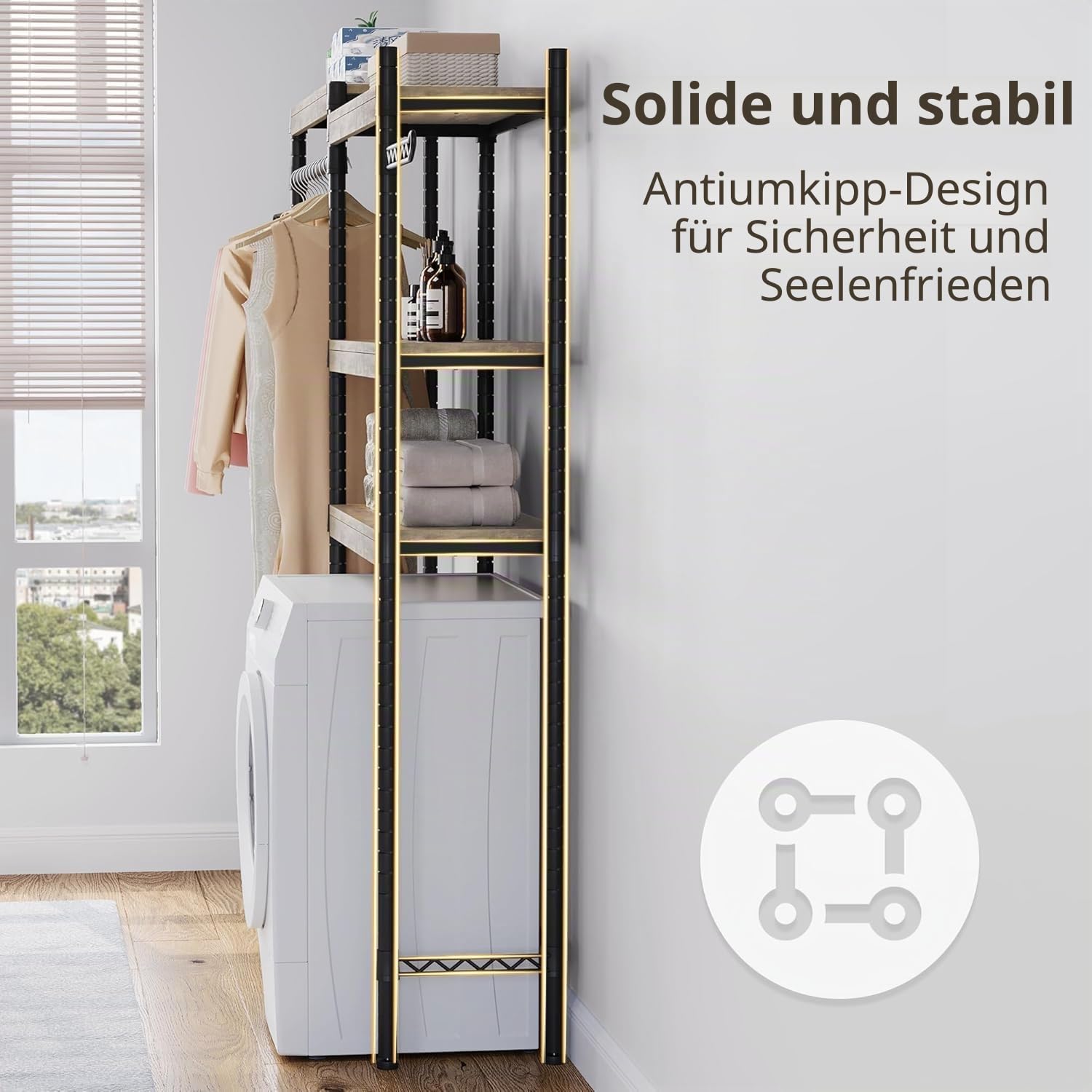 Litake Waschmaschinenregal ohne Bohren, Toilettenregal mit Ablage Aufhängestange Und Haken Badezimmerregal Garderobenständer Platzsparender W79 x D30x H188cm Metall Schwarz+ Grau