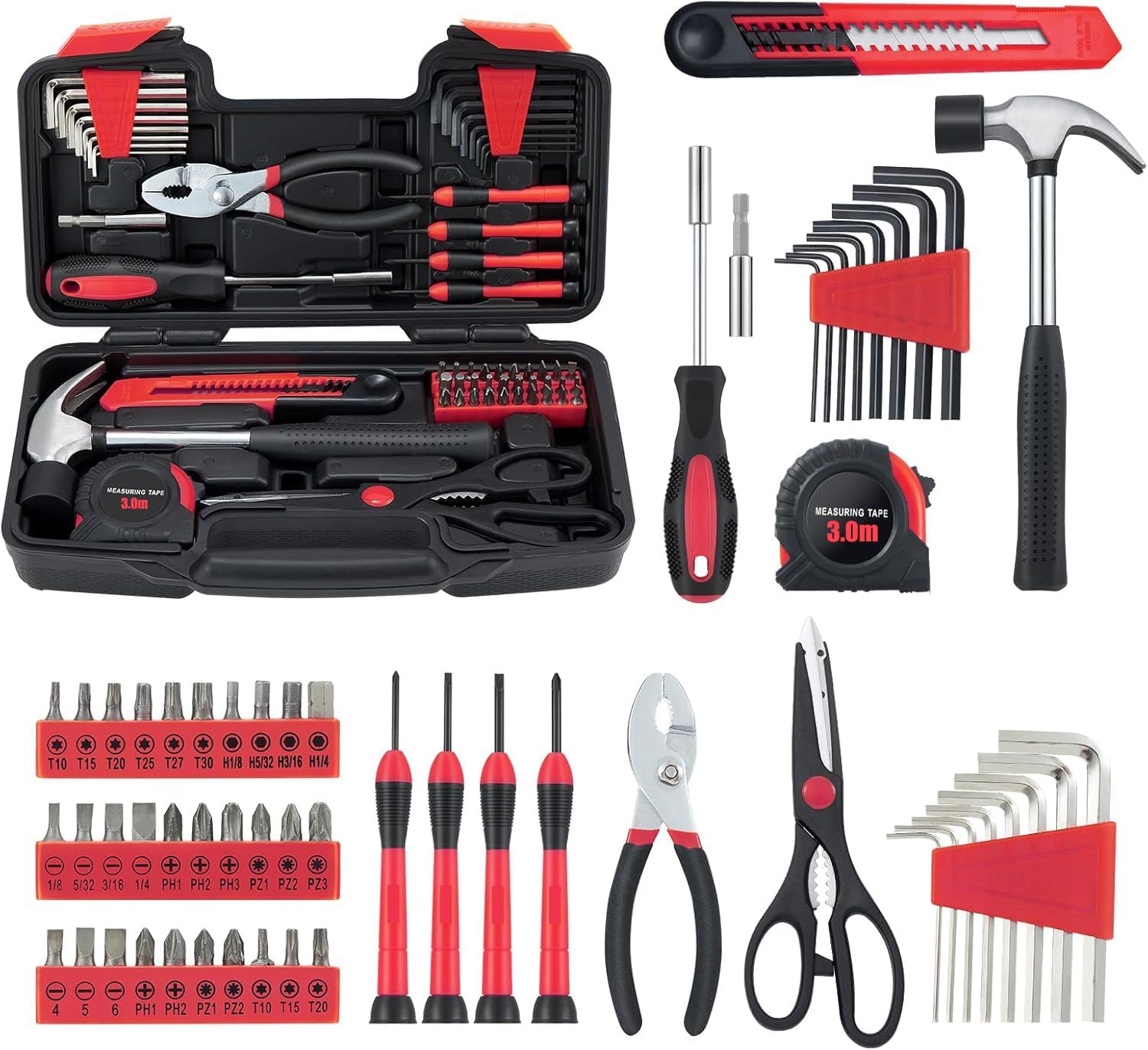 58 Piece Household Tool Set, General Household Hand Tool Kit with Plastic Toolbox Storage Case, All Purpose Household Tool Kit for Home, Garage, Office and College Dormitory Use, Red