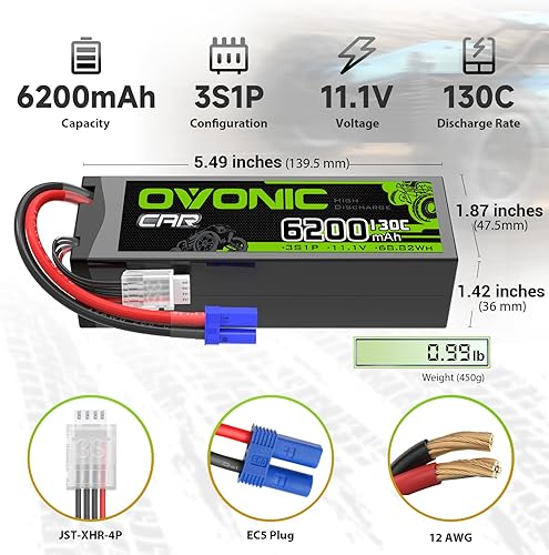 Miniatura 2 de OVONIC 3S LiPo Batería 6200mAh 11.1V 130C RC Batería con EC5 Conector