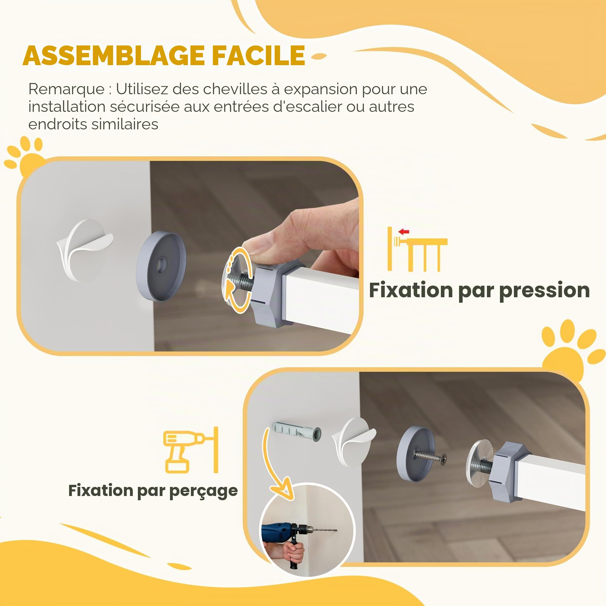PawHut Grille de protection d'escalier pour chien, avec porte à fermeture automatique, sans perçage, pour chien, 74 à 100 cm, blanche