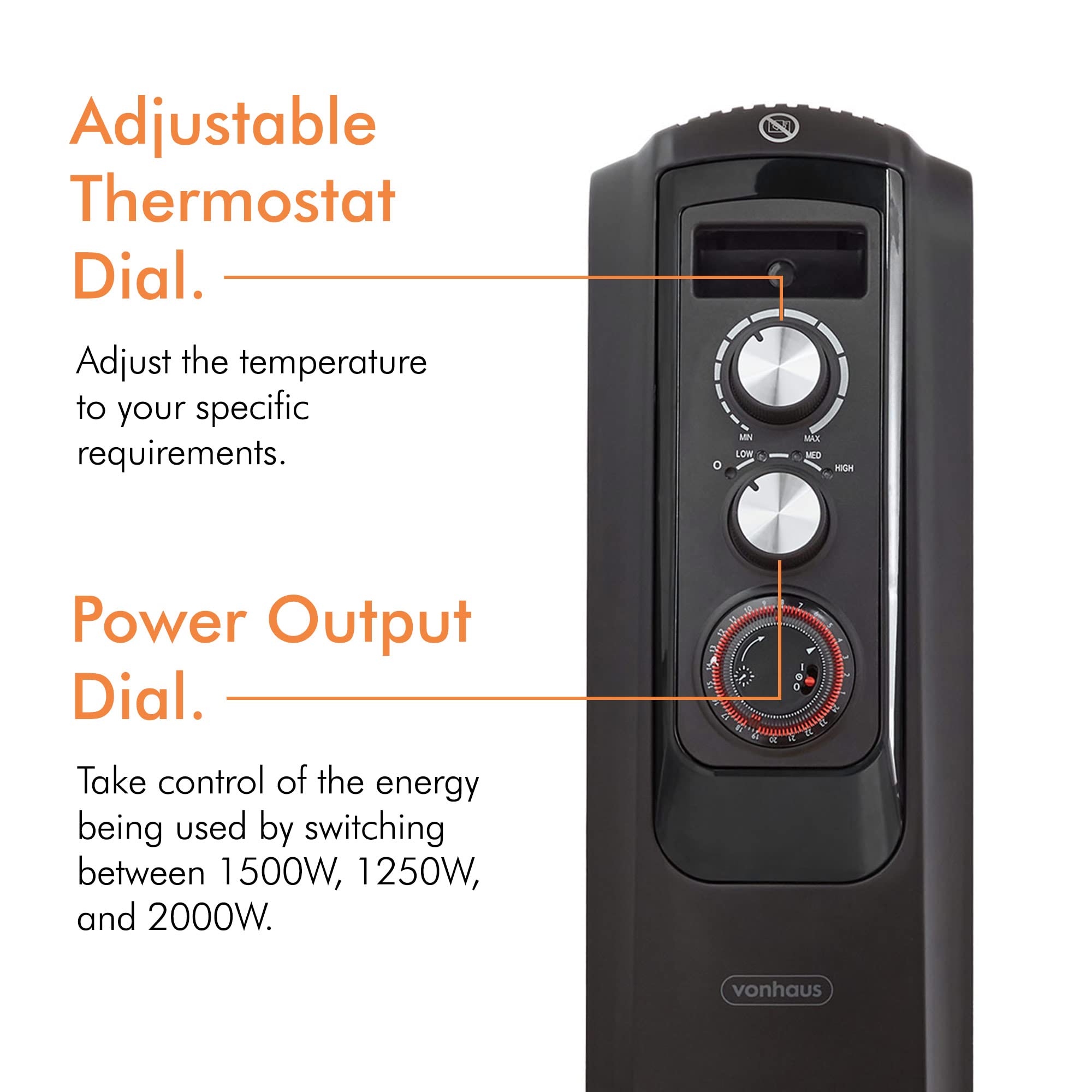 VonHaus Closed Fin Oil Filled Radiator – 2000W – Fast Heating Chimney  Circulation – Portable Electric Heater – 3 Power Settings, Adjustable  Temperature, Safety Cut off u0026 24 Hour Timer – Black : Amazon.co.uk: DIY u0026  Tools