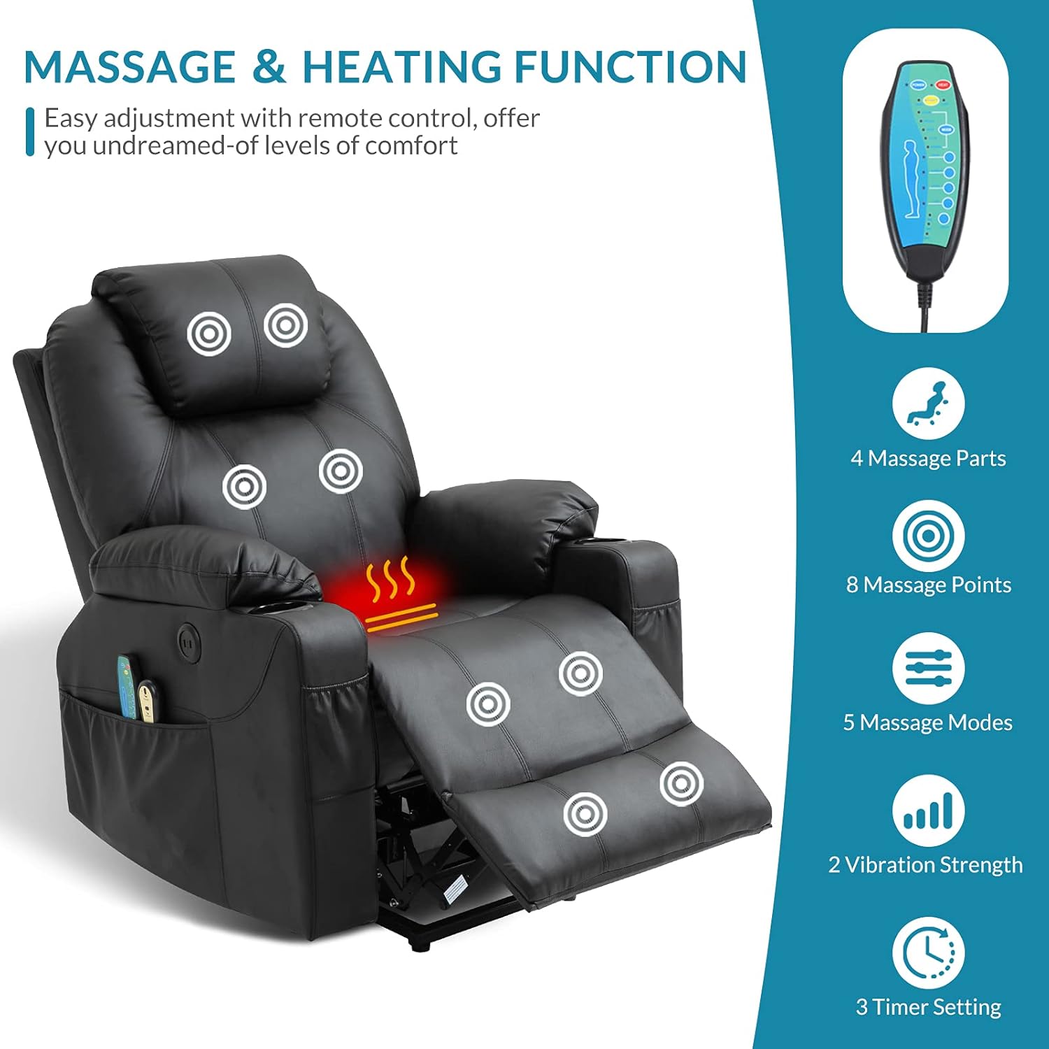 Power Lift Recliner Chair for Elderly, Electric Massage Heated Recliner, Faux Leather Lift Chair with 2 Remote Controls, USB Ports, Cup Holders & Side Pockets for Living Room (Black)