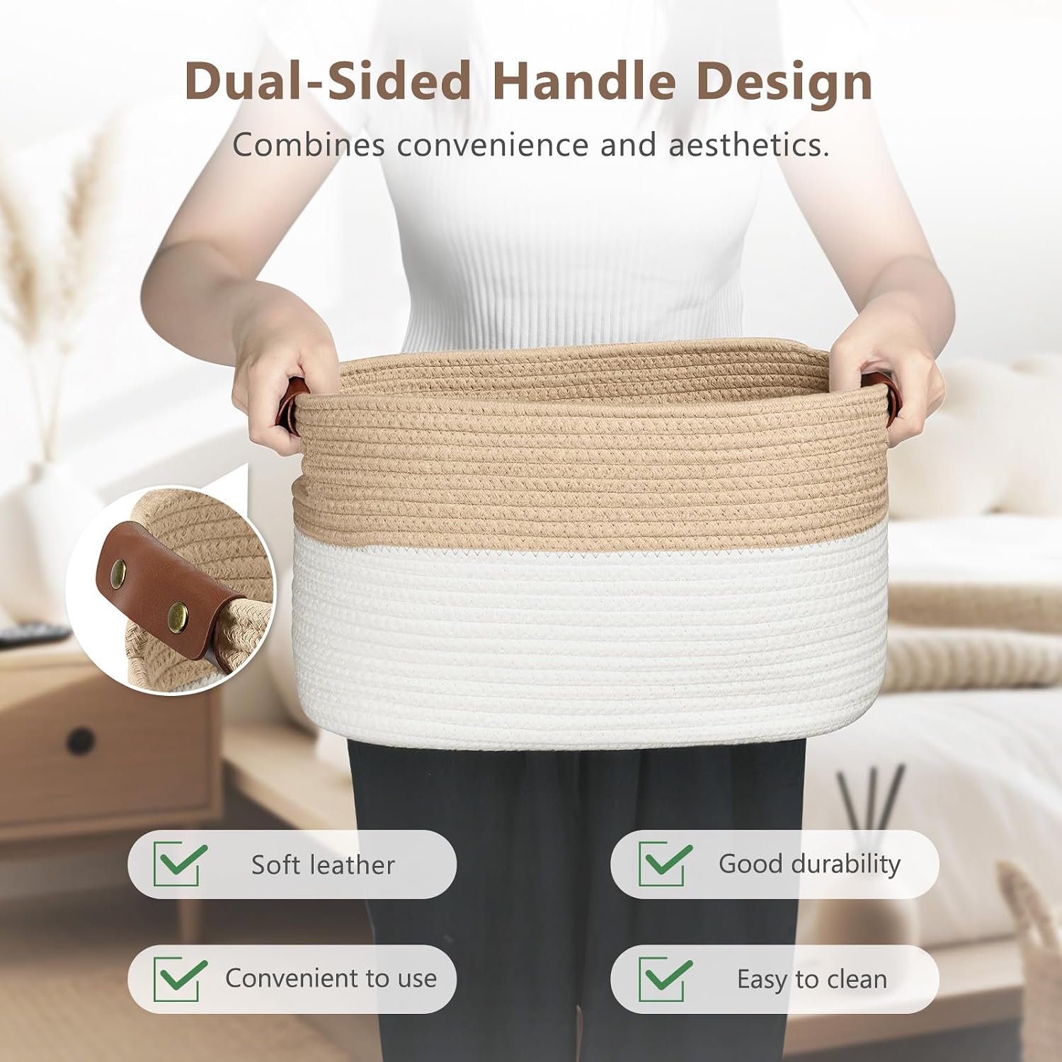 ECDYQXVU 15x10x9 Woven Cotton Rope Storage Basket, Leather Handles 1 Pack image 4