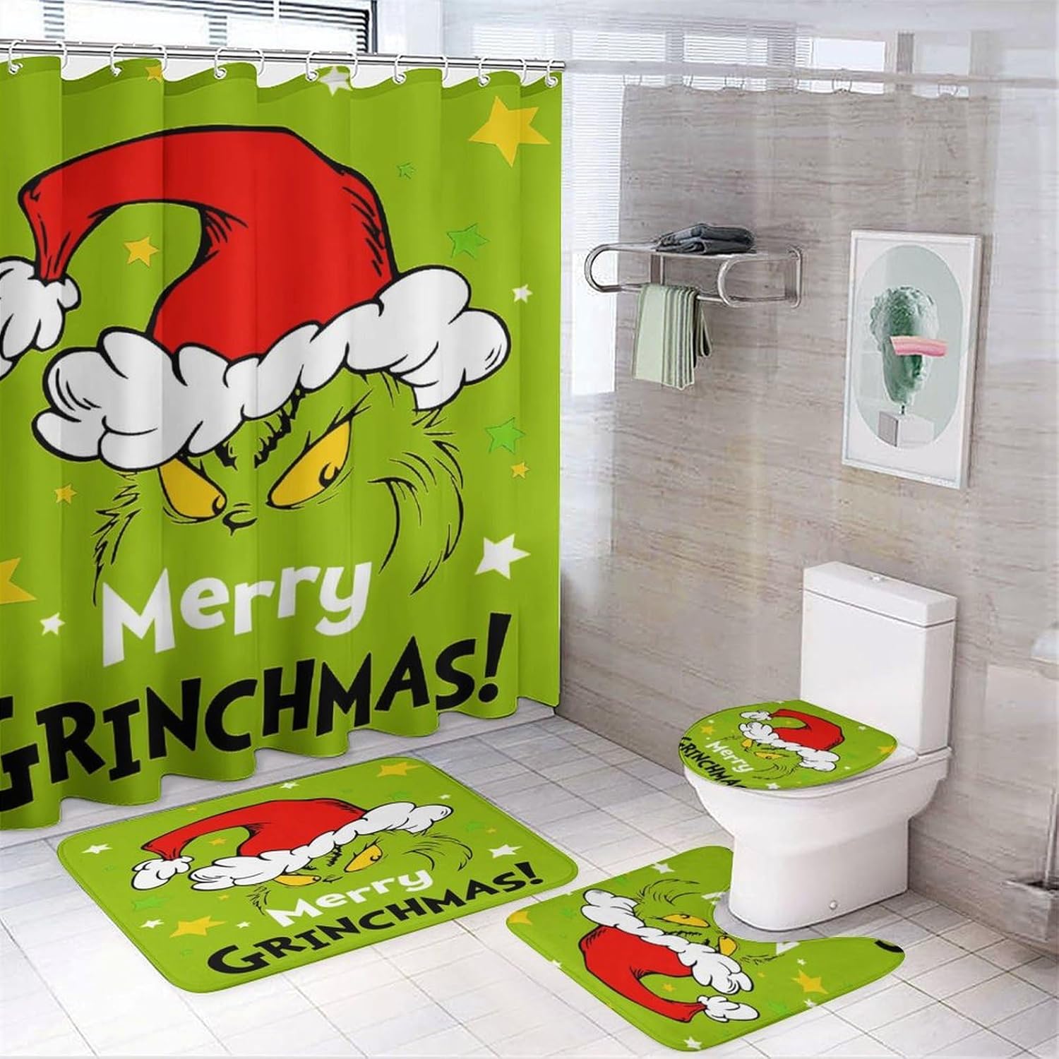 Christmas 4PCS Shower Curtain Set with Non-Slip Mat,Toilet Lid Cover,and Bath Mat, Polyester Fabric Shower Curtain with 12 Hooks,Durable Bathroom Decor Set 72 * 72INCH