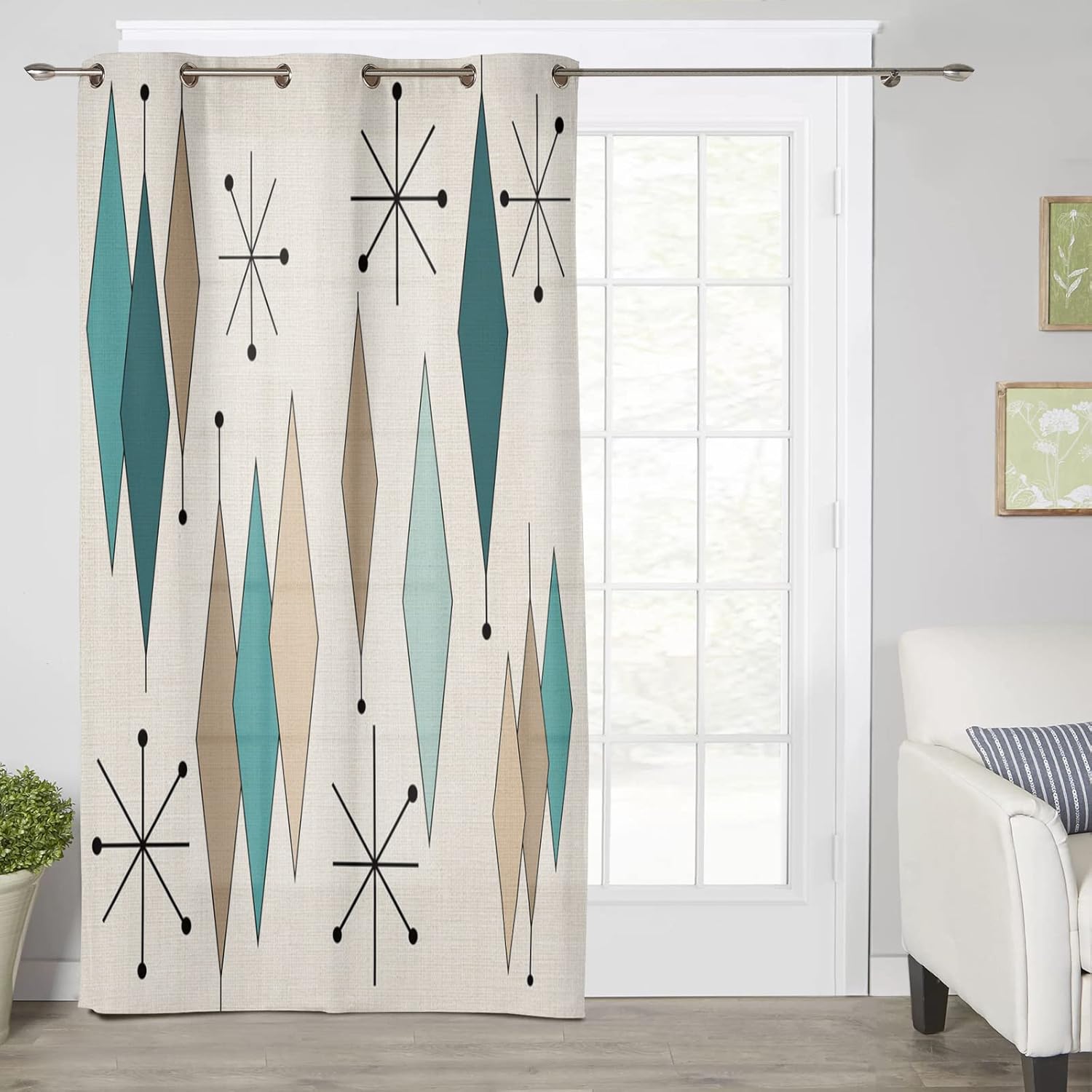 Window Treatment Curtain 36 Inch Length Teal Green Khaki Diamonds Starbursts Color