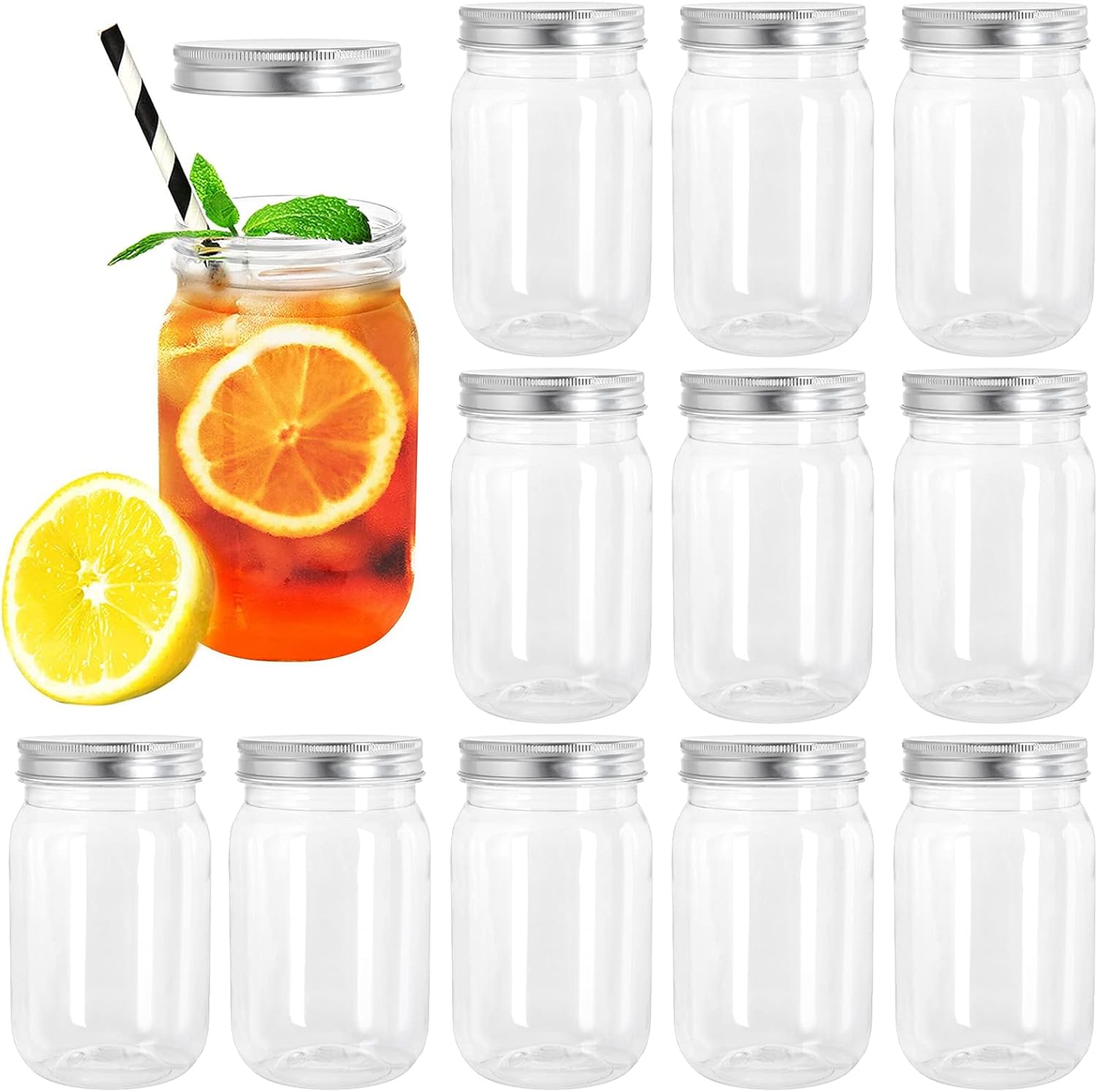 Tebery 12 Pack Clear Plastic Mason Jars with One Piece Lids, 16OZ Mason Cocktail Cup Shatterproof Drinking Jar, Refillable Empty Slime Storage Containers for Overnight Oats, Honey, Spices and Herbs