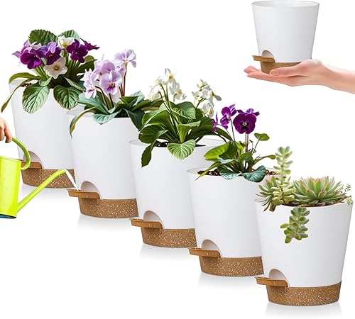 Paquete de 5 macetas de riego automático de 5 pulgadas, macetas de violetas africanas con agujeros de drenaje y depósito, maceta de plástico marrón