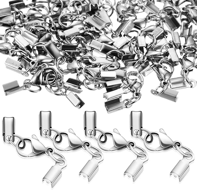 EXCEART 40 Pcs Lobster Claw Clasps with Cord Ends, Stainless Steel Lobster Clasps Connector Cord End Caps Silver Brass Lobster Claw Clasps with Cord Ends