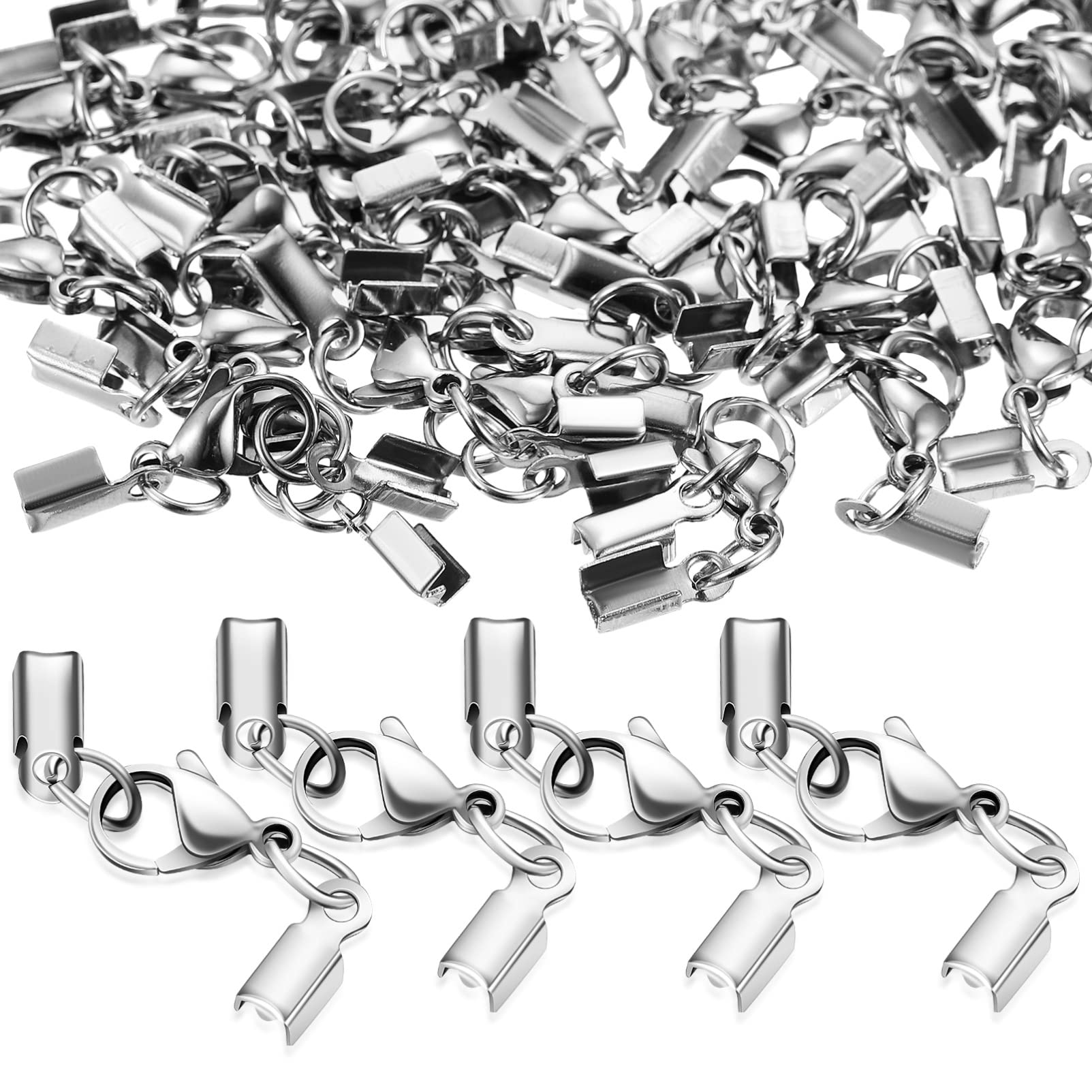 EXCEART40 Pcs Lobster Claw Clasps with Cord Ends, Stainless Steel Lobster Clasps Connector Cord End Caps Silver Brass Lobster Claw Clasps with Cord Ends