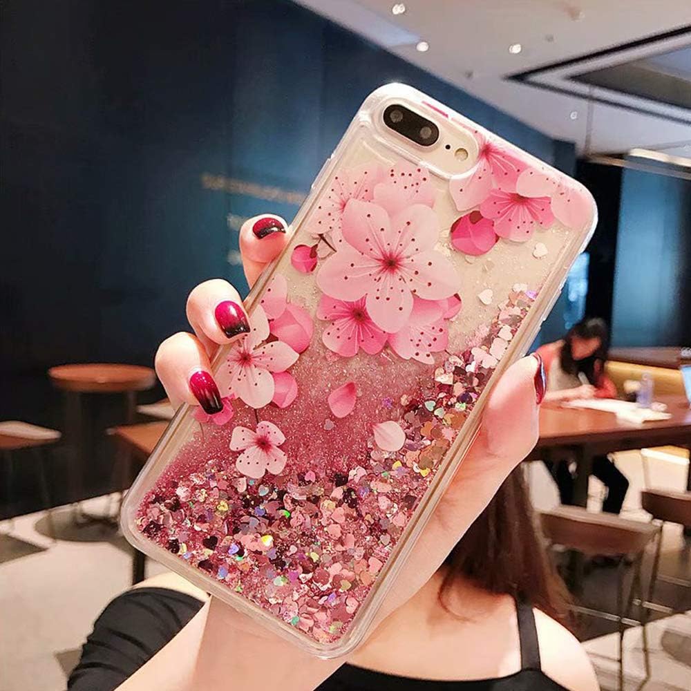 Stylish Case Compatible 3D Cute Painted Glitter Liquid Sparkle FloatingLuxury Bling Quicksand Shockproof Protective Silicone Case Cover Replacement for iPhone 8 Plus/7 Plus-Peach Blossom
