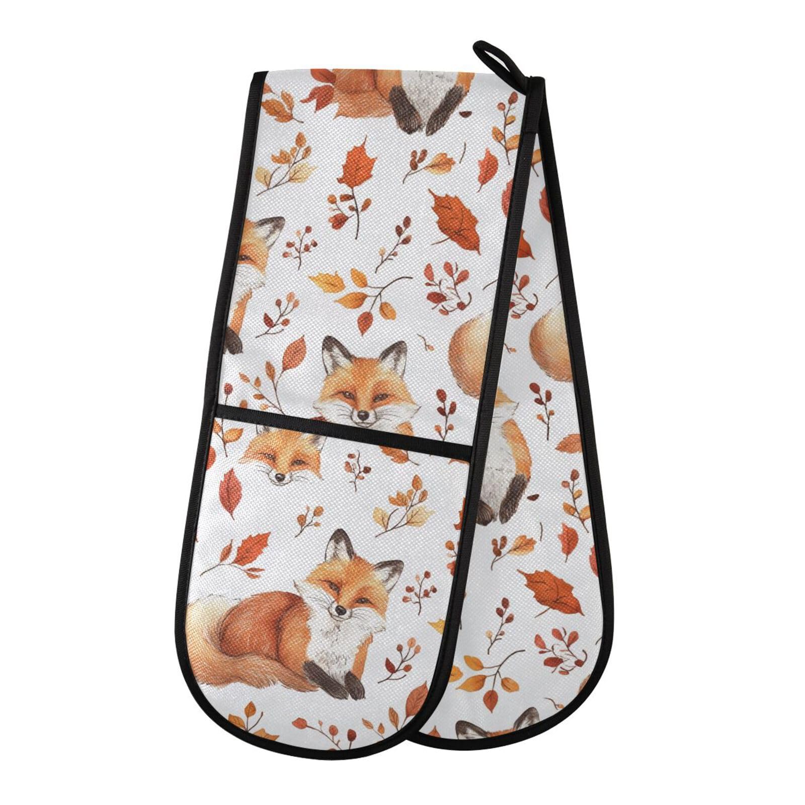 Double Oven Gloves Foxs Autumn Leaves Watercolor Heat Resistant Pot Holder Oven Mitt Gloves for BBQ Cooking Baking Grilling Microwave