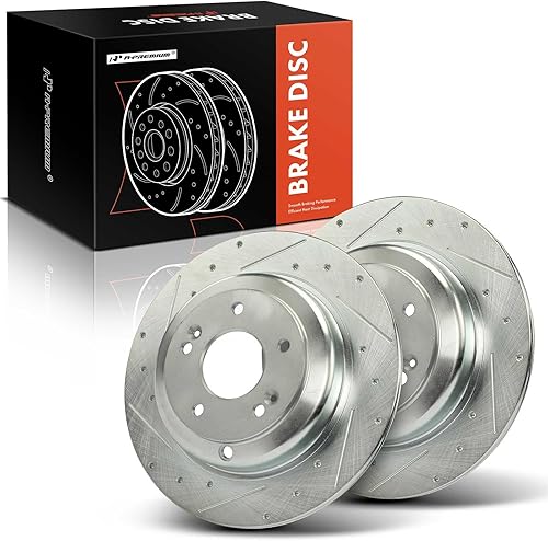 A-Premium Rotores de freno de disco traseros perforados y ranurados de 12.36 pulgadas (12.362 in) compatibles con modelos Hyundai Genesis Coupe 2010