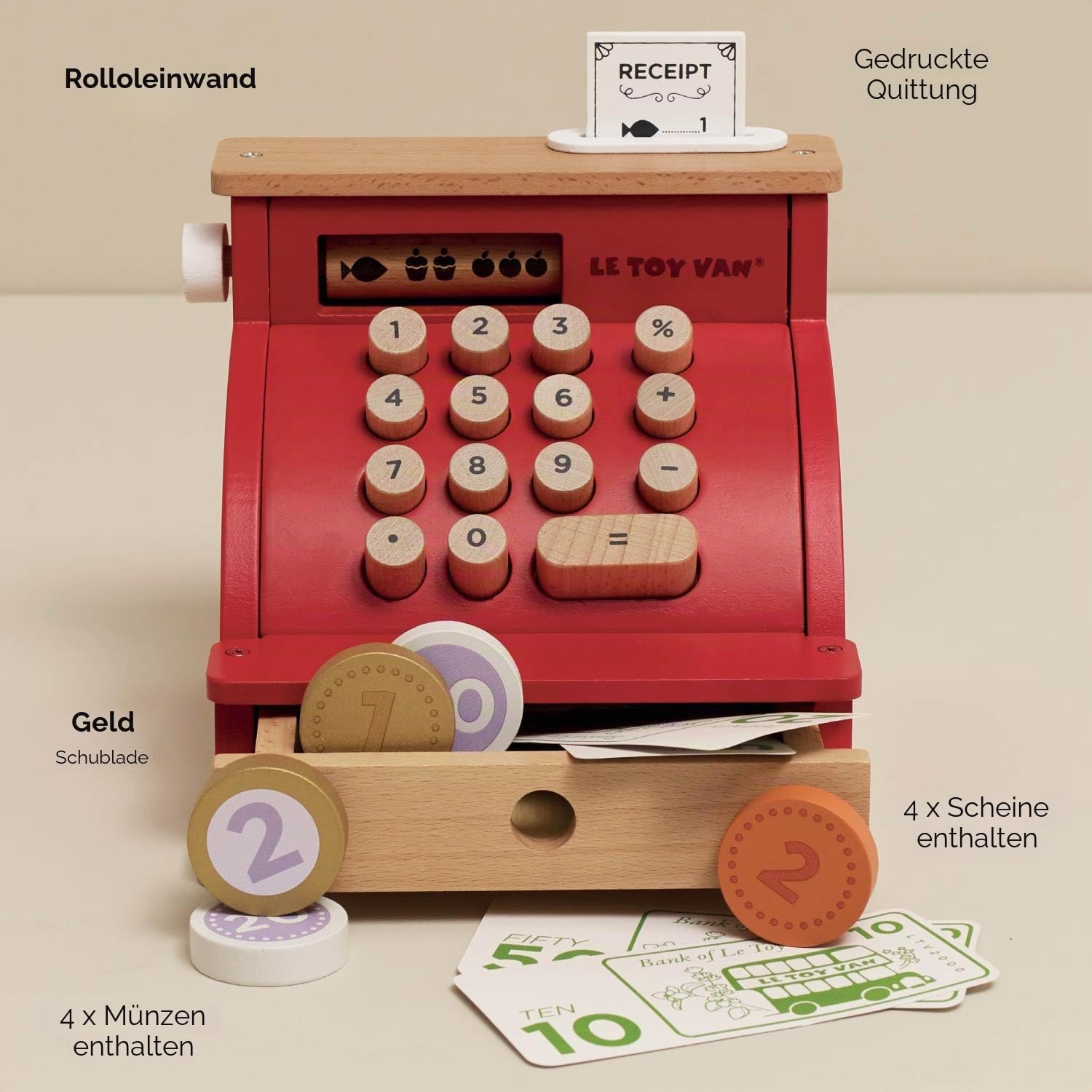 Le Toy Van – Honeybake Rollenspiel Kasse aus Holz mit Kassenbeleg, Kassenschublade und Spielgeld | Ideal für Rollenspiel Supermarkt, Lebensmittelladen oder Café, Geldkasse, TV295