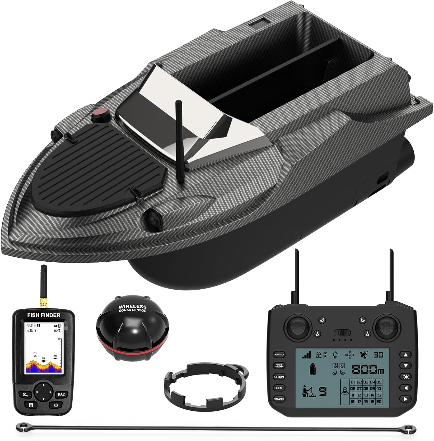 GPS Fishing Net Trawler & Bait Boat with Fish Finder, 12V 20000mAh Battery, 874yards RC Range, 2 Boxes 6.6lbs Load Capacity, Electromagnetic Hook, Twin-Hull Boat for Ocean Lake River Fishing