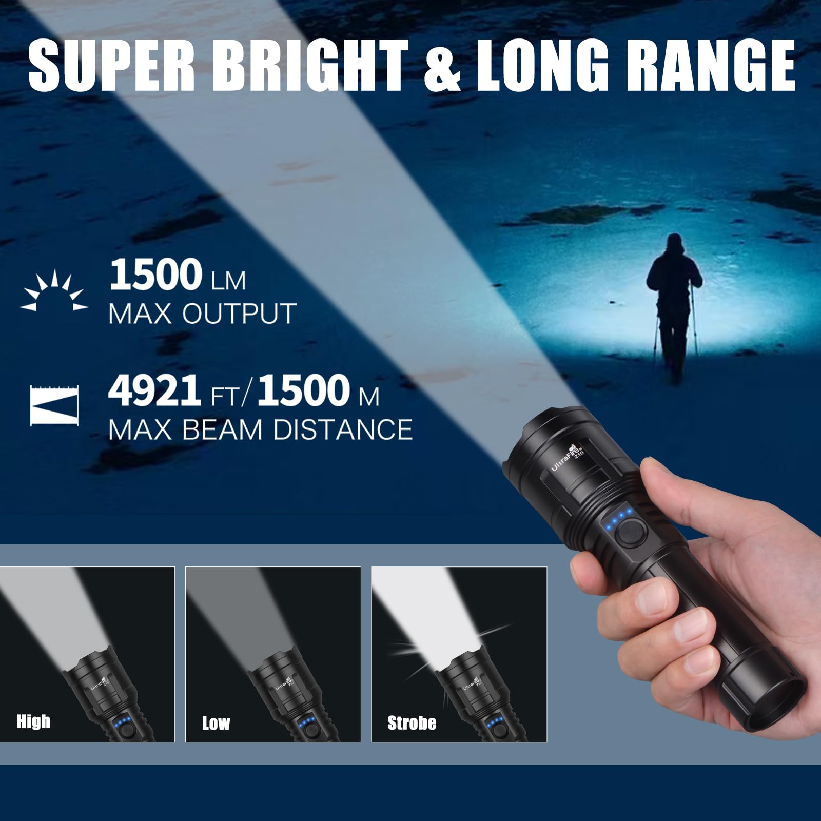 ULTRAFIRE Torcia ad alta luminosità con lente di accensione, 1500 lm, super luminosa, zoomabile, torcia tattica con fondina, ricarica inversa, 3 modalità, luce LED ricaricabile per campeggio