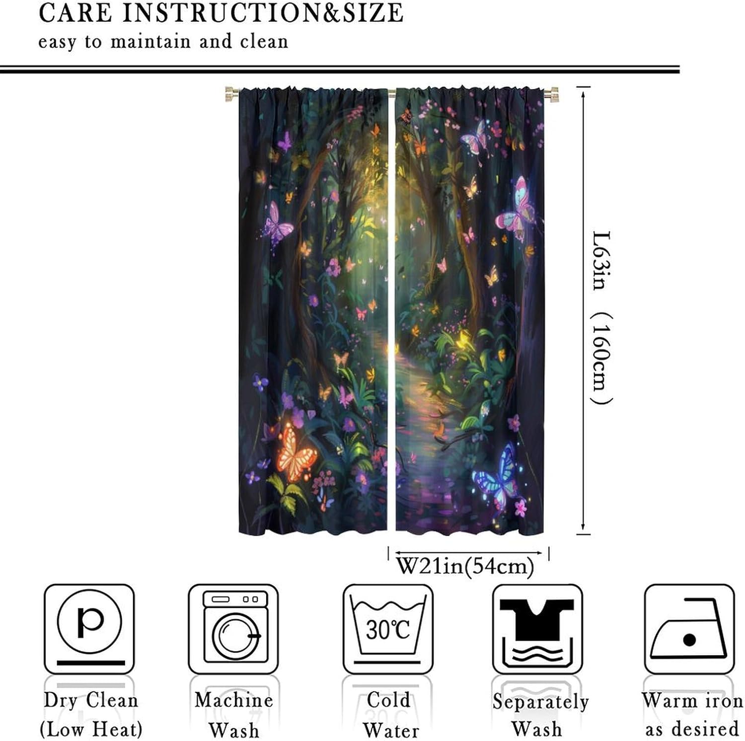Forest Butterfly Garden Blackout Curtains for Bedroom Living Room, Floral Leaves Plant Nature Thermal Insulated Curtains Rod Pocket Window Drapes, 2 Panels/Each 21" W x 63" L
