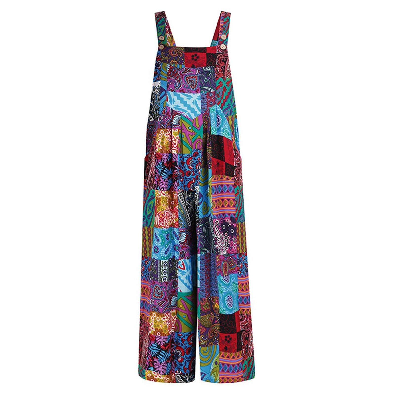 Nicoxijia Overol de verano con doble bolsillo para mujer, de pierna ancha, tirantes sin mangas, floral, pantalones bohemios