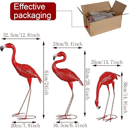 Miniatura 2 de XONOR 3 piezas de estatuas de jardín de flamenco rojo de metal para patio, esculturas de patio al aire libre para el hogar, patio, césped,
