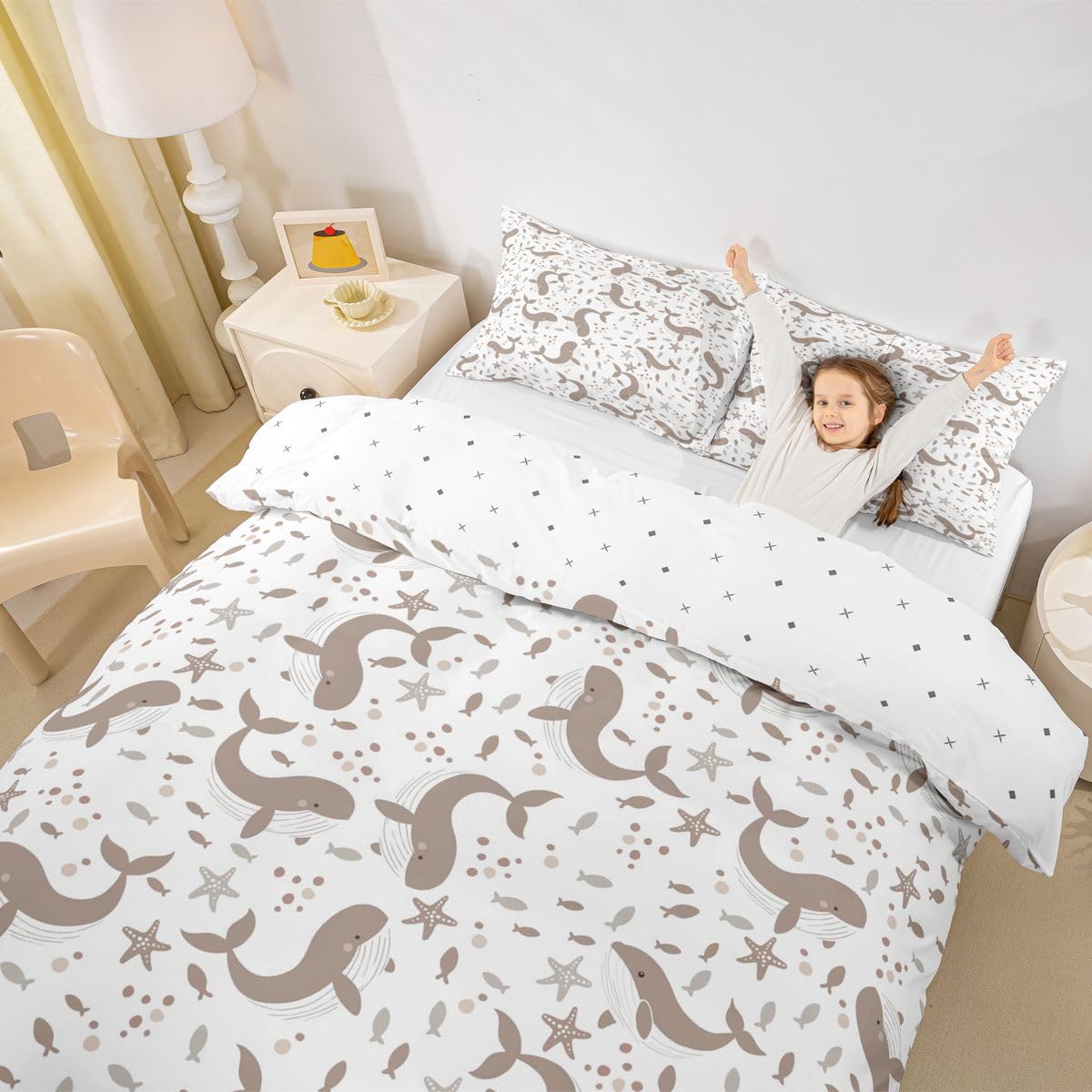 Homewish Summer Whale Cute Super King Set di biancheria da letto con animali del mondo sottomarino pesce copripiumino acquerello stella marina oceano trapunta arredamento camera Kawaii set da letto