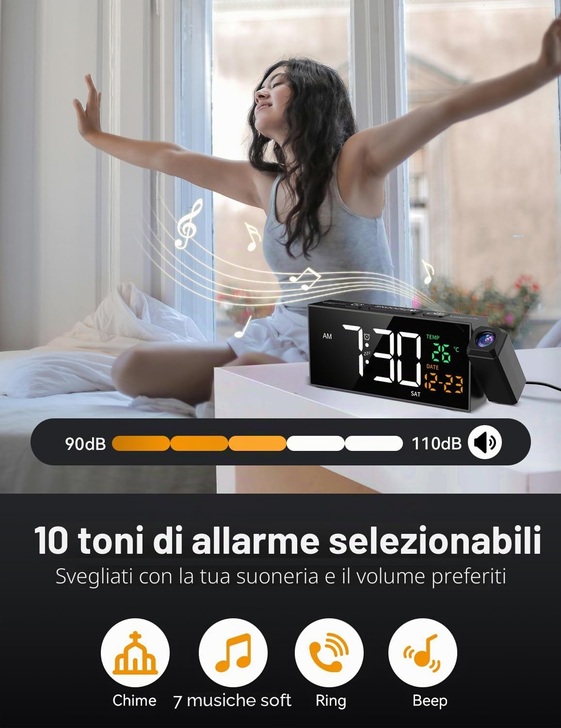 Sveglia digitale con funzione di proiezione, sveglia con proiettore a 350°, termometro, data, grande display, 10 suonerie, snooze, 5 luminosità, 4 volumi, DST manuale, sveglia rumorosa camera da letto