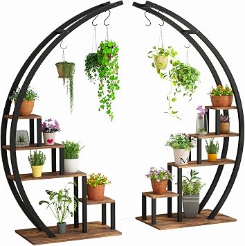 Jojoka 2 Pack 56 Inch 5 Tier Metal Plant Stand, Heavy Duty Corner Flower Rack with Hanging Hooks, Multi Plant Holder for Indoor Outdoor Living Room Garden Balcony, Brown