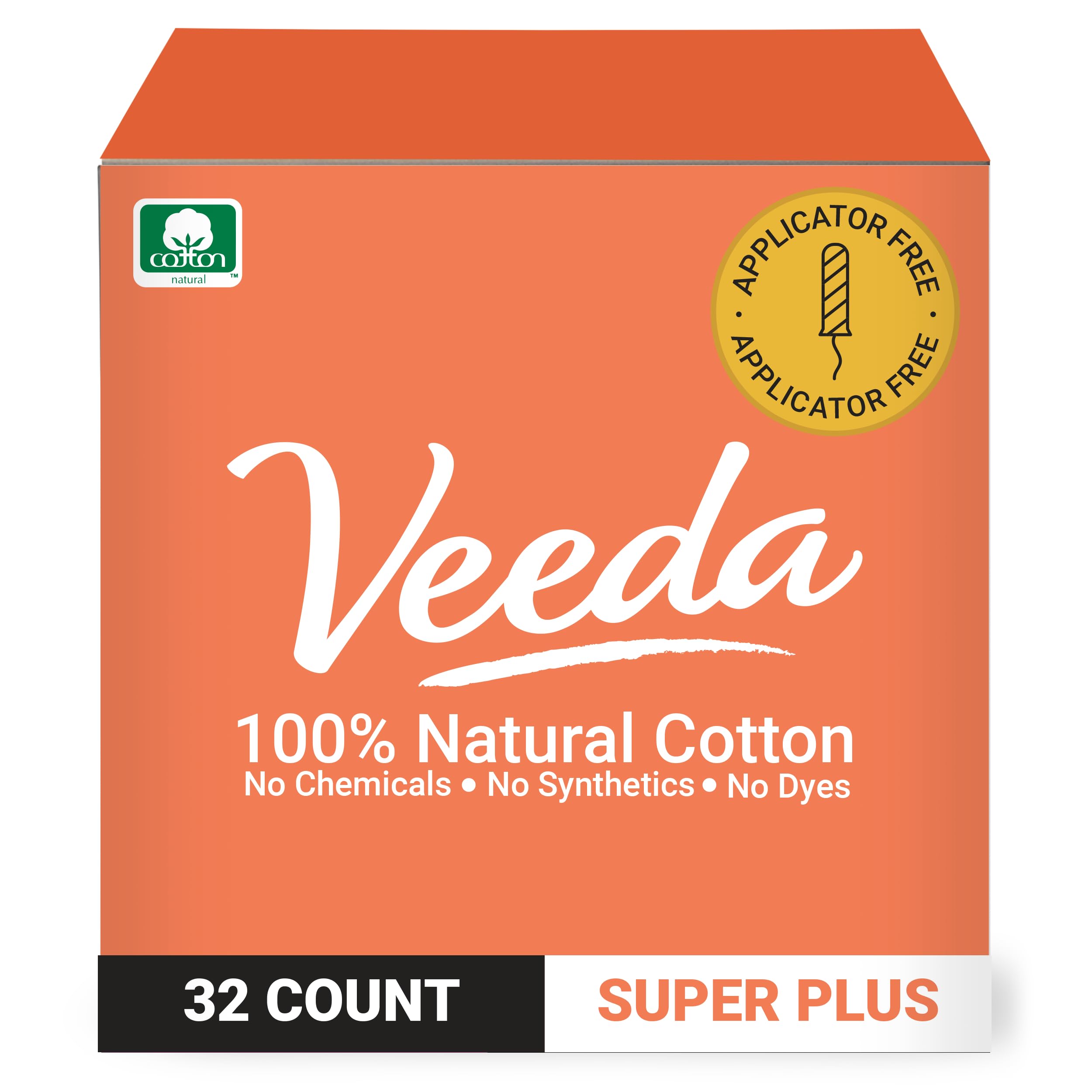 Veeda 100% Natural Cotton Compact Tampons Super Plus Absorbency - Non-Applicator Tampons with leak proof protection - Unscented, Chlorine & Toxin Free - 32 Count