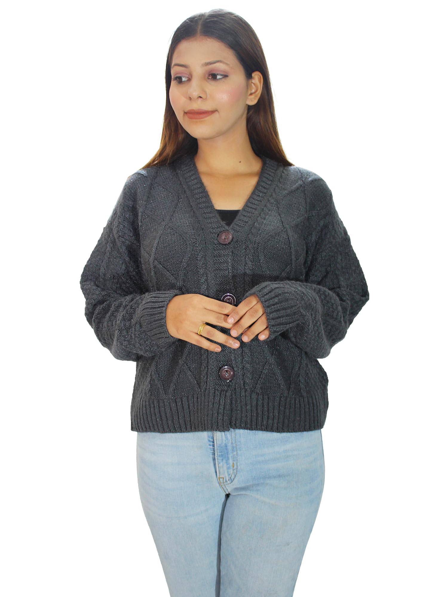 hautemoda Women V-Neck Full Sleeves Button Crop Sweater Cardigan-picture-12
