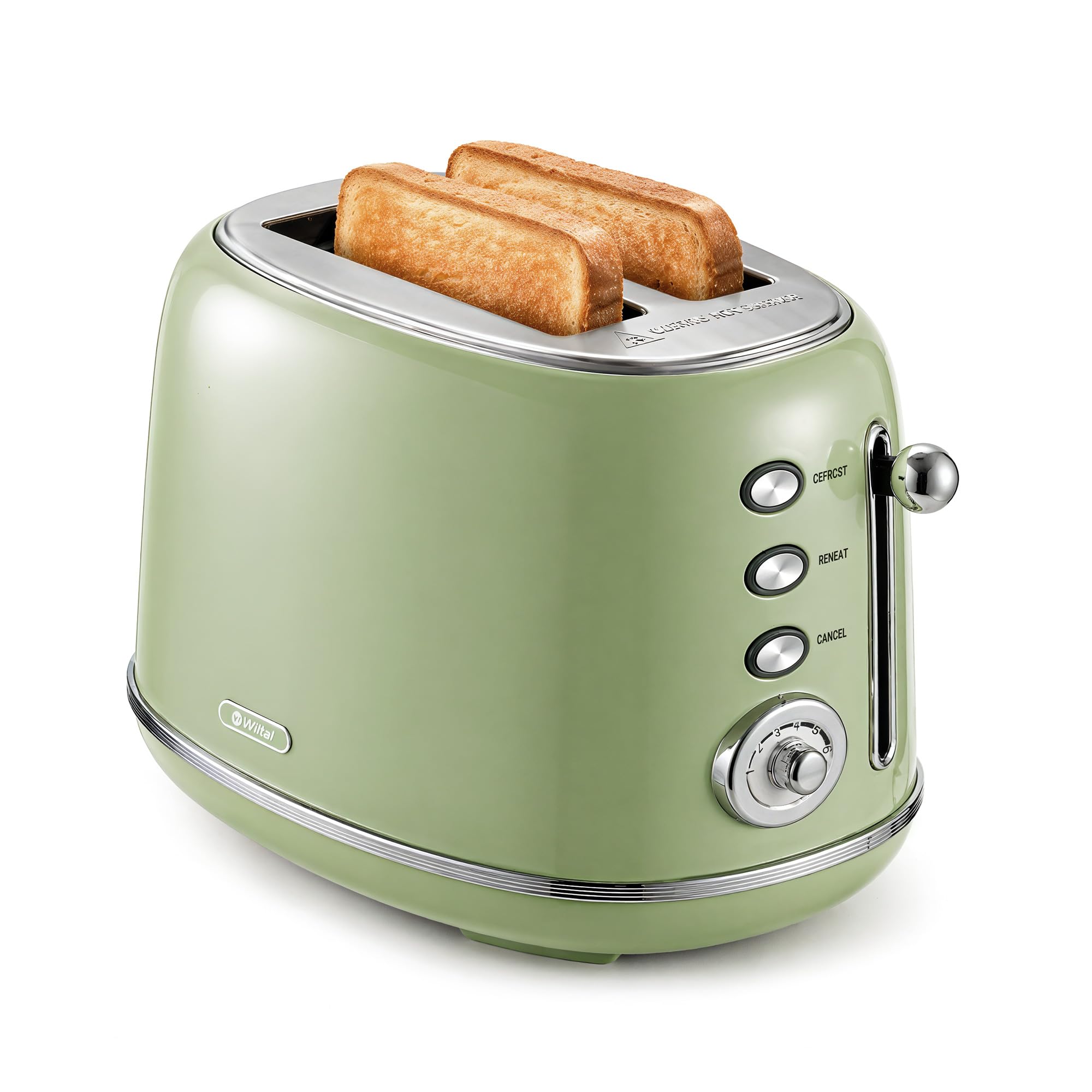 Wiltal Retro Toaster 2 Scheiben Edelstahl, Grün, TS-R008 | Brötchenaufsatz, 6 Röststufen, Vorheiz- und Auftaufunktion, Abschaltautomatik, Perfekt für Sandwiches & Toast