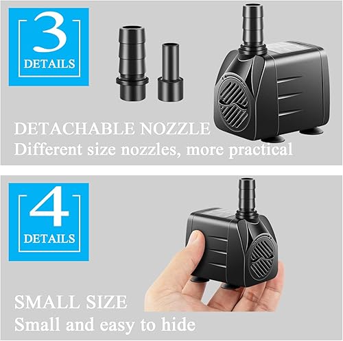 Miniatura 5 de Bomba sumergible, bomba de fuente pequeña con tubo, bomba de agua sumergible para acuario, tanque de peces de interior o exterior, fuente
