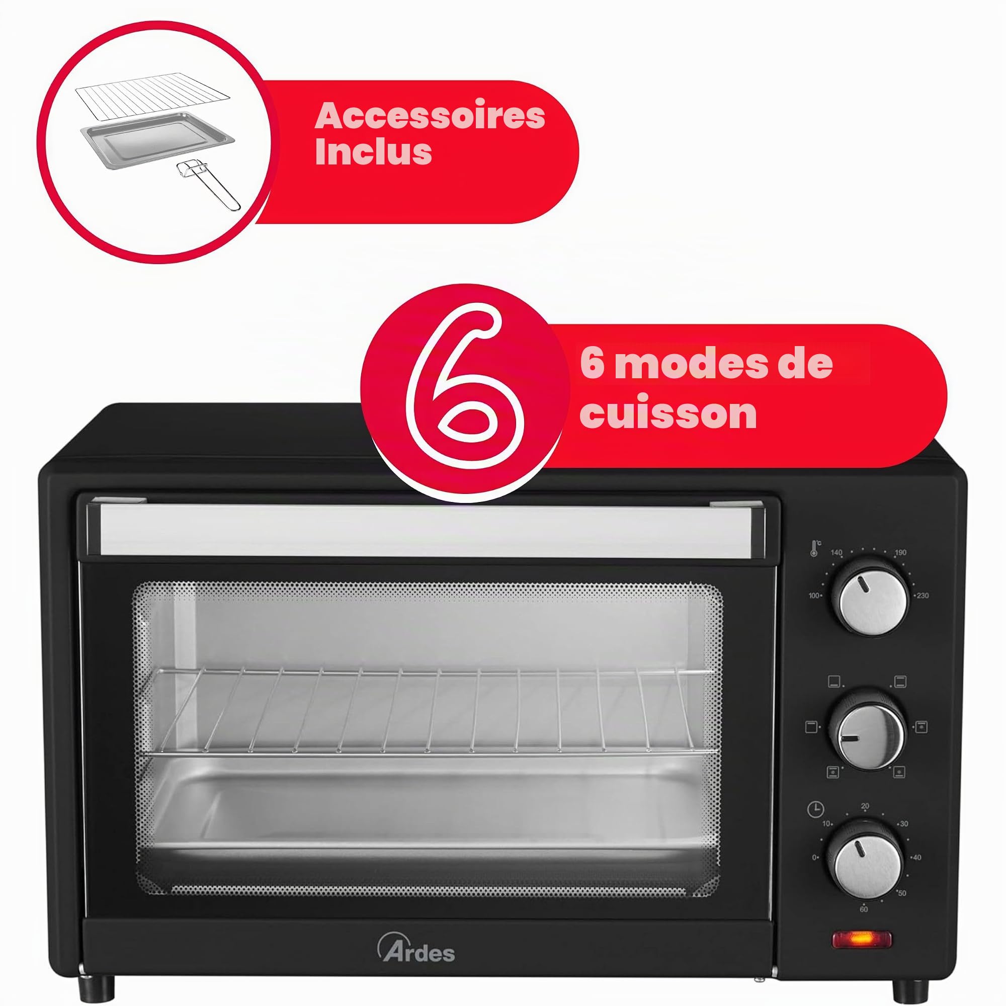 ARDES - AR6238B Four Électrique Ventilé 38 Litres Four Électrique 6 Fonctions de Cuisson Four Électrique Ventilé Minuterie Double Vitre avec Accessoires Noir