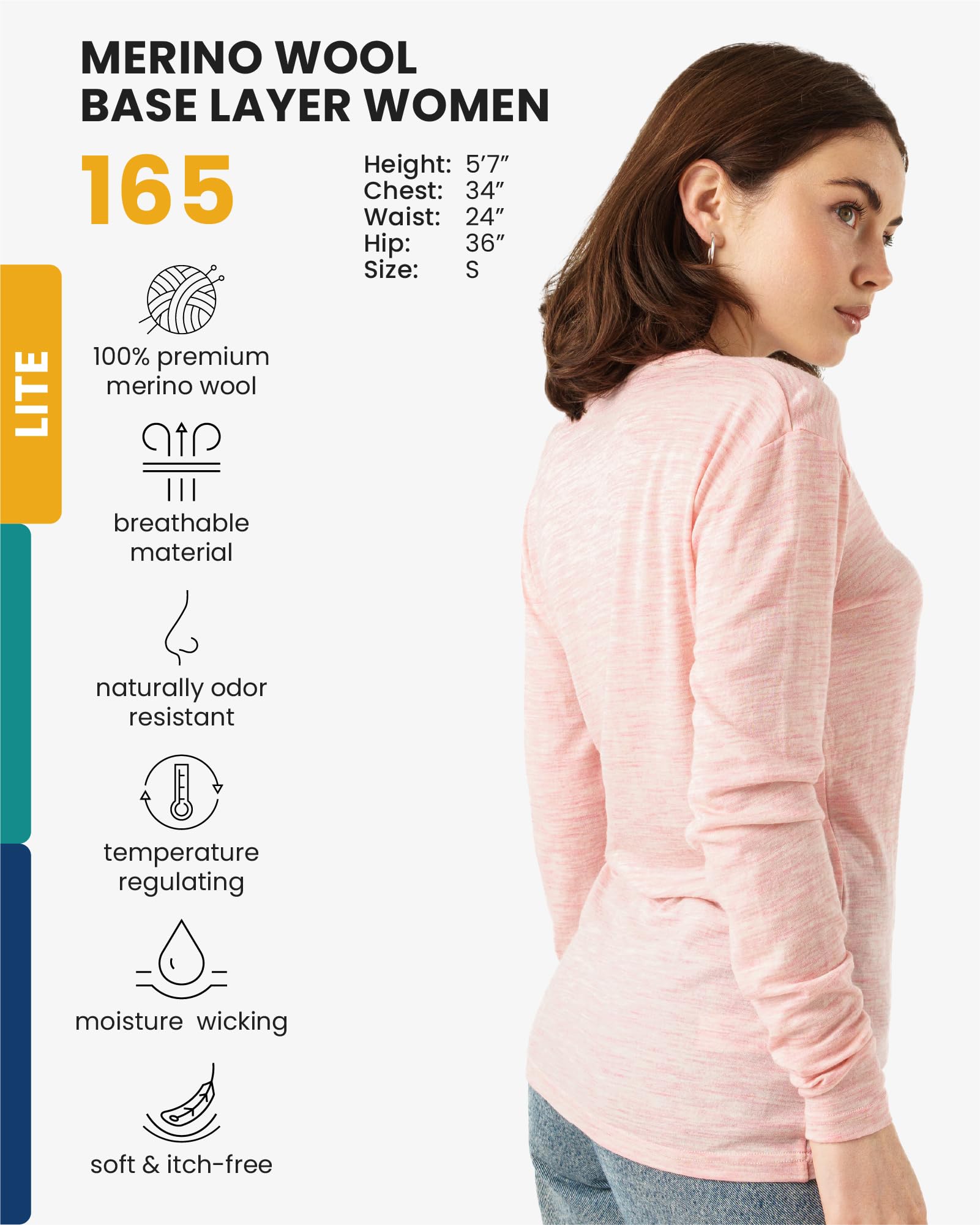 Merino.tech Camiseta Termica Lana Merino Mujer - Ropa Térmica + Calcetines (Medium, 165 Pink Heather)