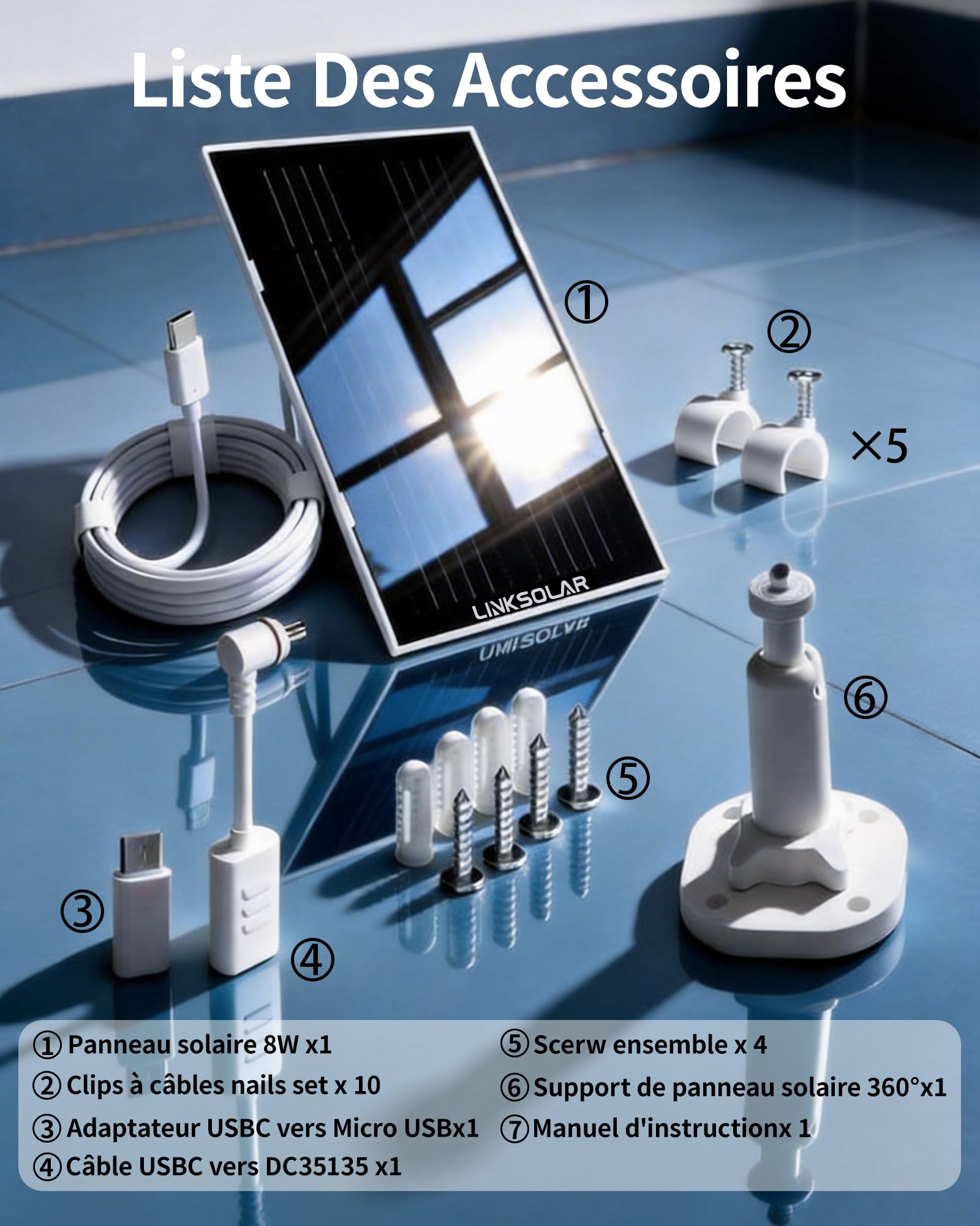 Panneau solaire 8W pour caméra Ring, Micro USB, DC et USB-C