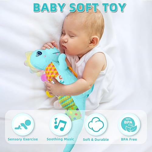Miniatura 5 de Juguetes musicales de dinosaurio para bebés de 0-3-6-9-12 meses, juguetes de dinosaurio para bebés con papel de sonido arrugado, mordedor, texturas