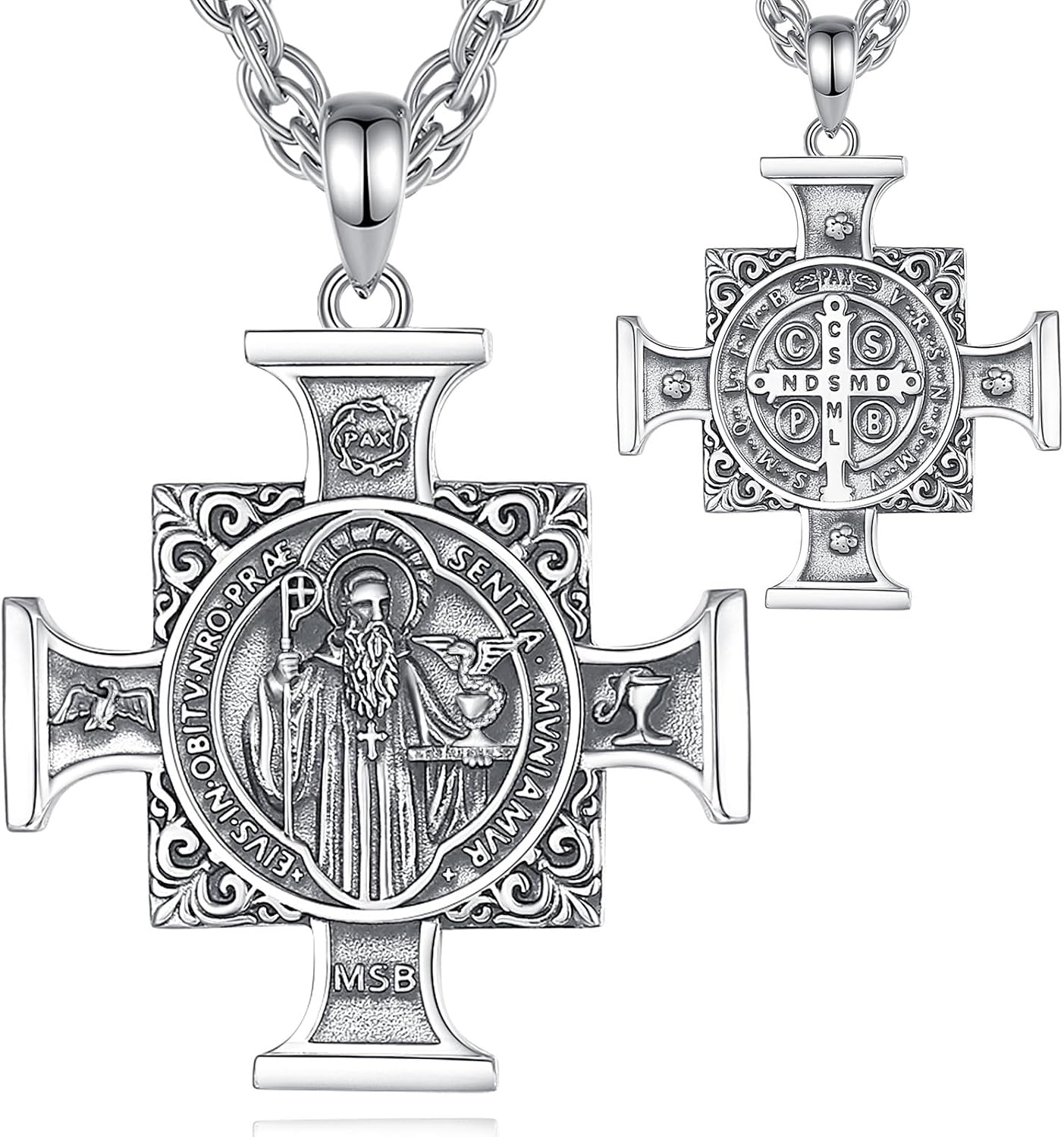 EUDORA St Benedict Cross Necklace Medalla de San Benito for Women Men S925 Sterling Silver, St Saint Benedic Cross Pendant for Protection Christian Catholic Jewelry Gifts for Women Mens, 22"+2"