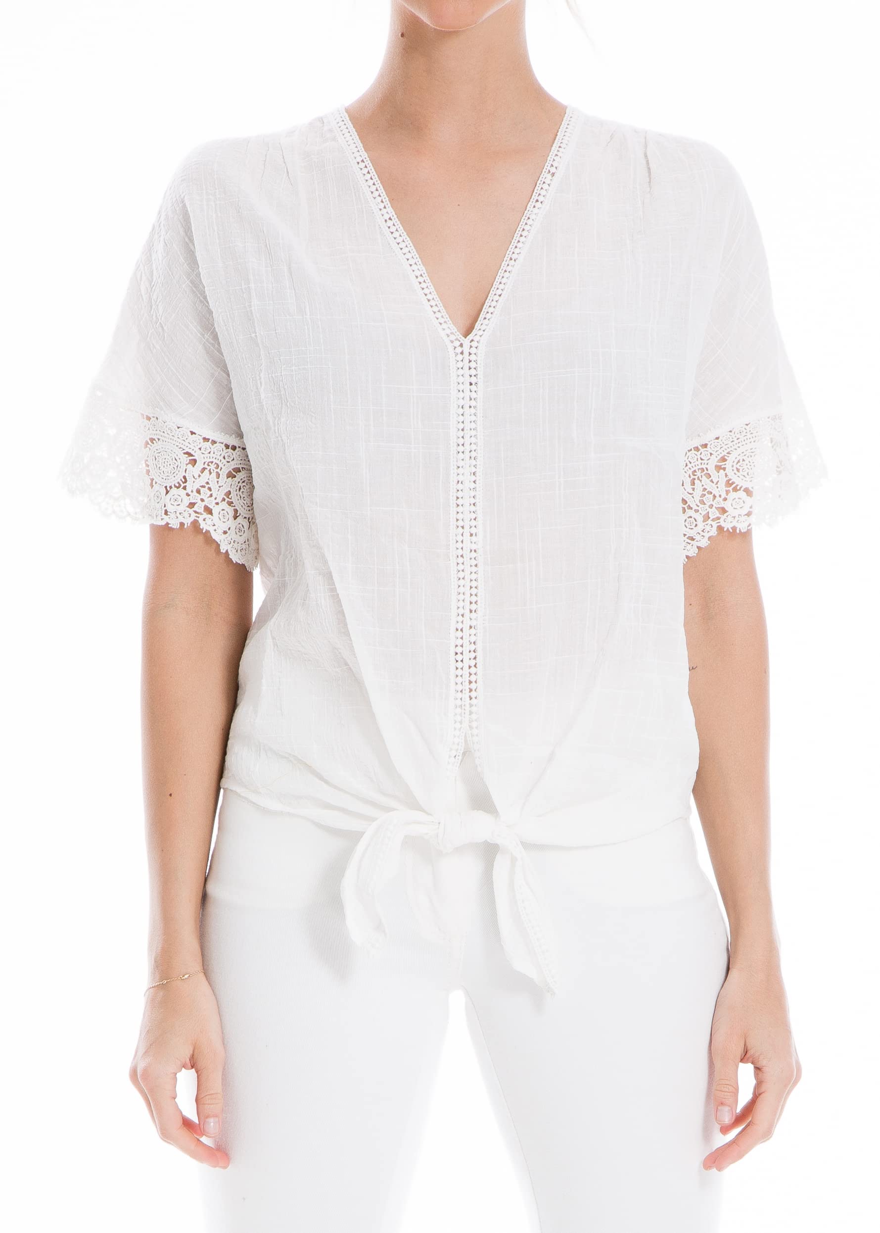 Max Studiowomens Textured Cotton Tie Waist Top Blouse