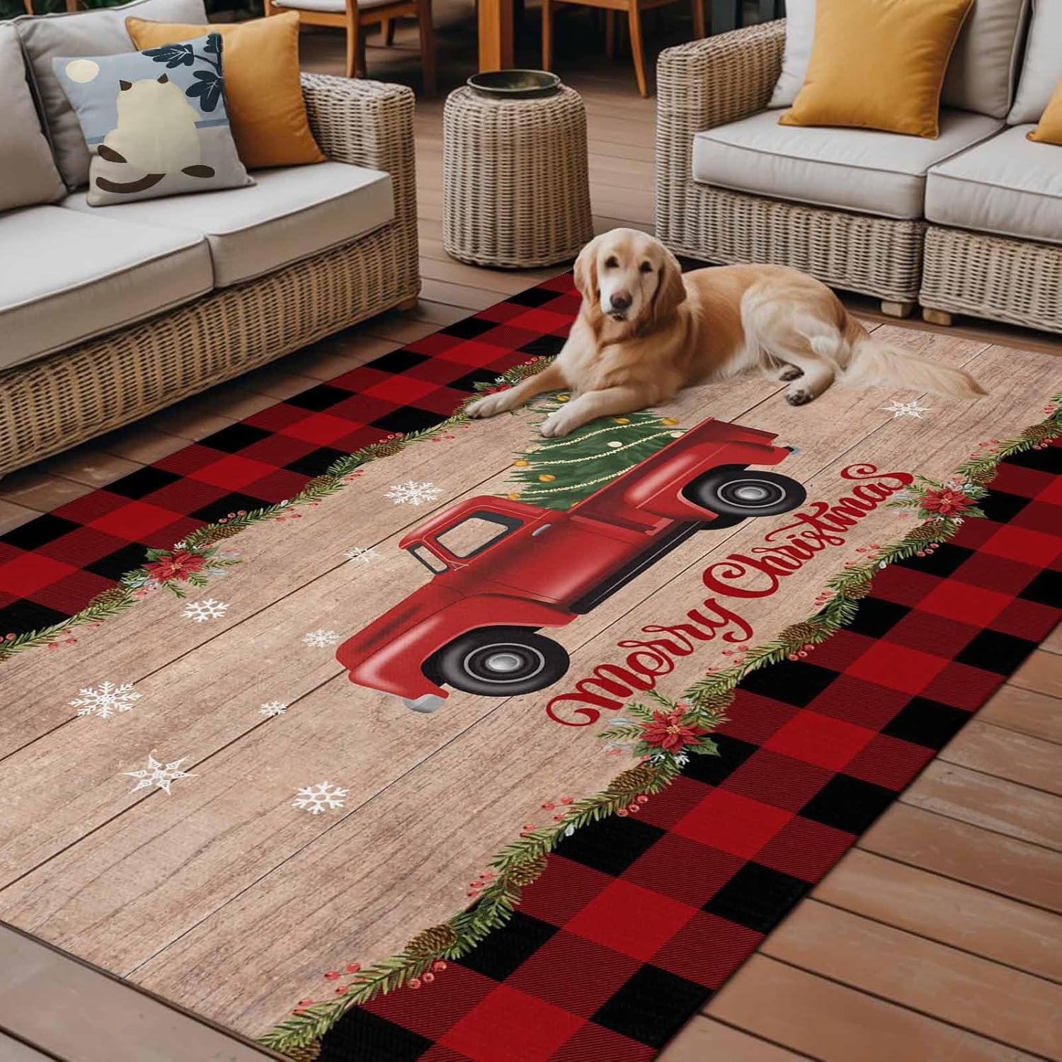 Christmas Outdoor Rug 4x6 ft Red Truck Xmas Tree Outdoor Large Area Rug Non Slip Rubber Poinsettia Pine Cones Holly Wood Plaid Front Door Mat RV Rug Carpet Patio Rugs for Backyard Balcony Porch