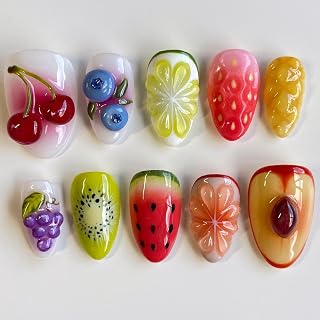 Handmade Press on Nails Muti-Layer Gel Medium Almond Fake Nails with 3D Lemon Cherry Grape Blueberry Embossed Fake Nails Spring Summer Fruit Press on Nails Thick Acrylic False Nails for Women (Size M)