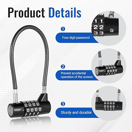 Miniatura 3 de Cerradura de cable de bloqueo de combinación de 7 pulgadas, candado de acero con letras reiniciables con 4 dígitos para exteriores, almacenamiento