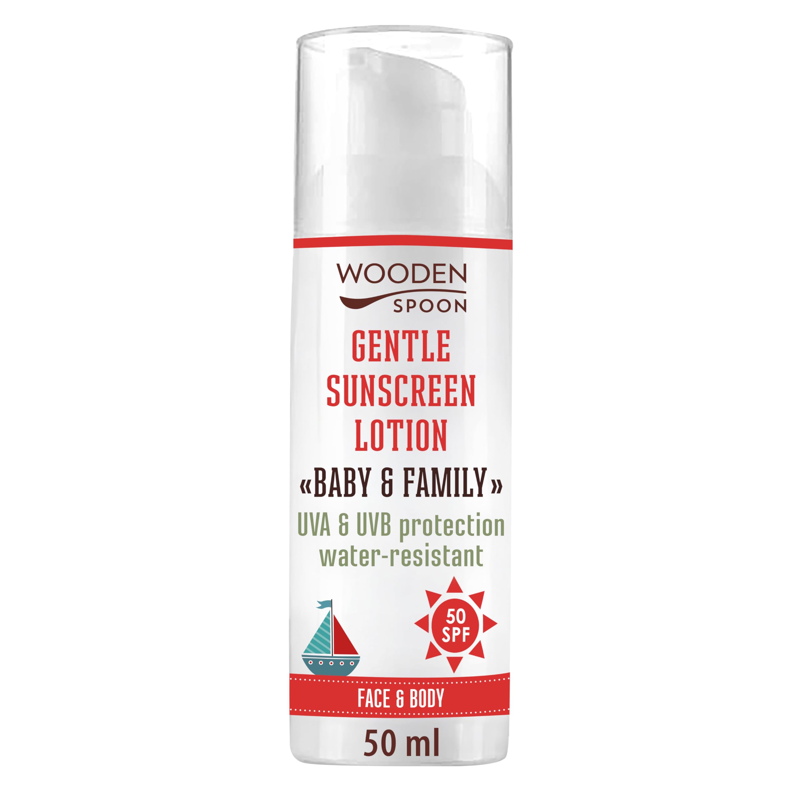 Wooden Spoon Protector Solar Orgánico Bebé y Familia SPF 50 – 100% Natural, Zinc Invisible, Sin Rastro Blanco, Hipoalergénico, Vegano, Resistente al Agua – 50 ml