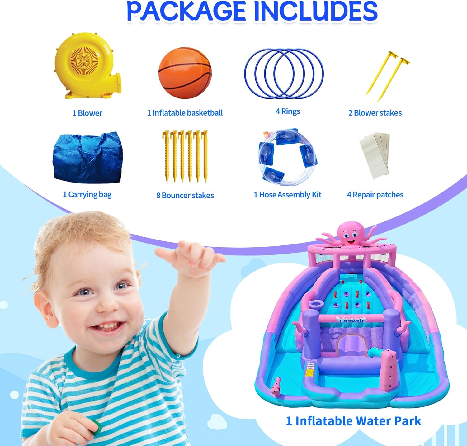 Inflatable Bounce House Water Slide Combo, Blow Up Water Slides for Backyard, Kids Jumper with Climbing Wall, Basketball Hoop, Splash Pool with Blower