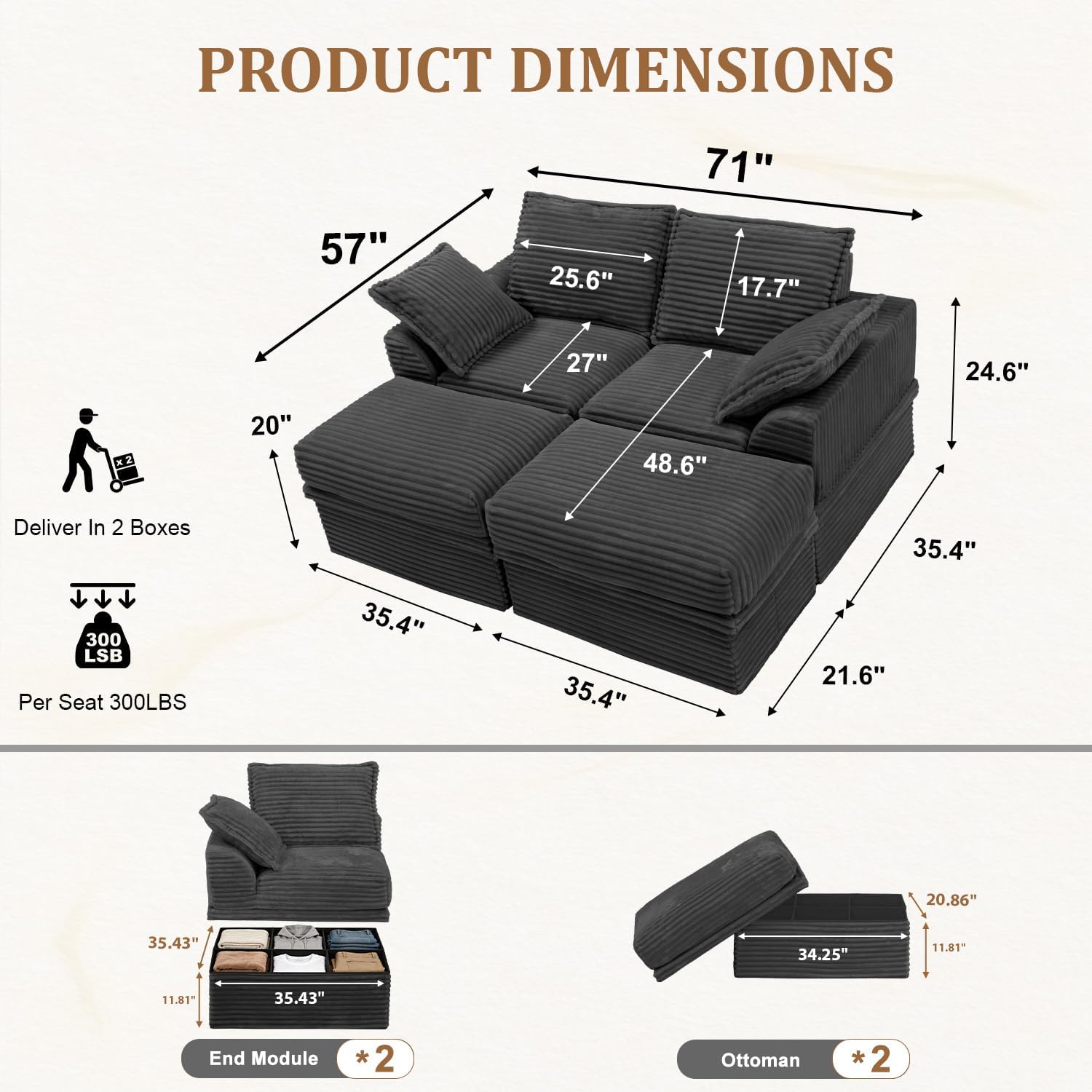 Upgrade Boneless Couch with Storage, Extra Deep&High Seat Modular Sectional Sofa 2 Seater Loveseat Sofa with Ottoman, Tool-Free Assembly Sectional Couches for Living Room Bedroom Apartment