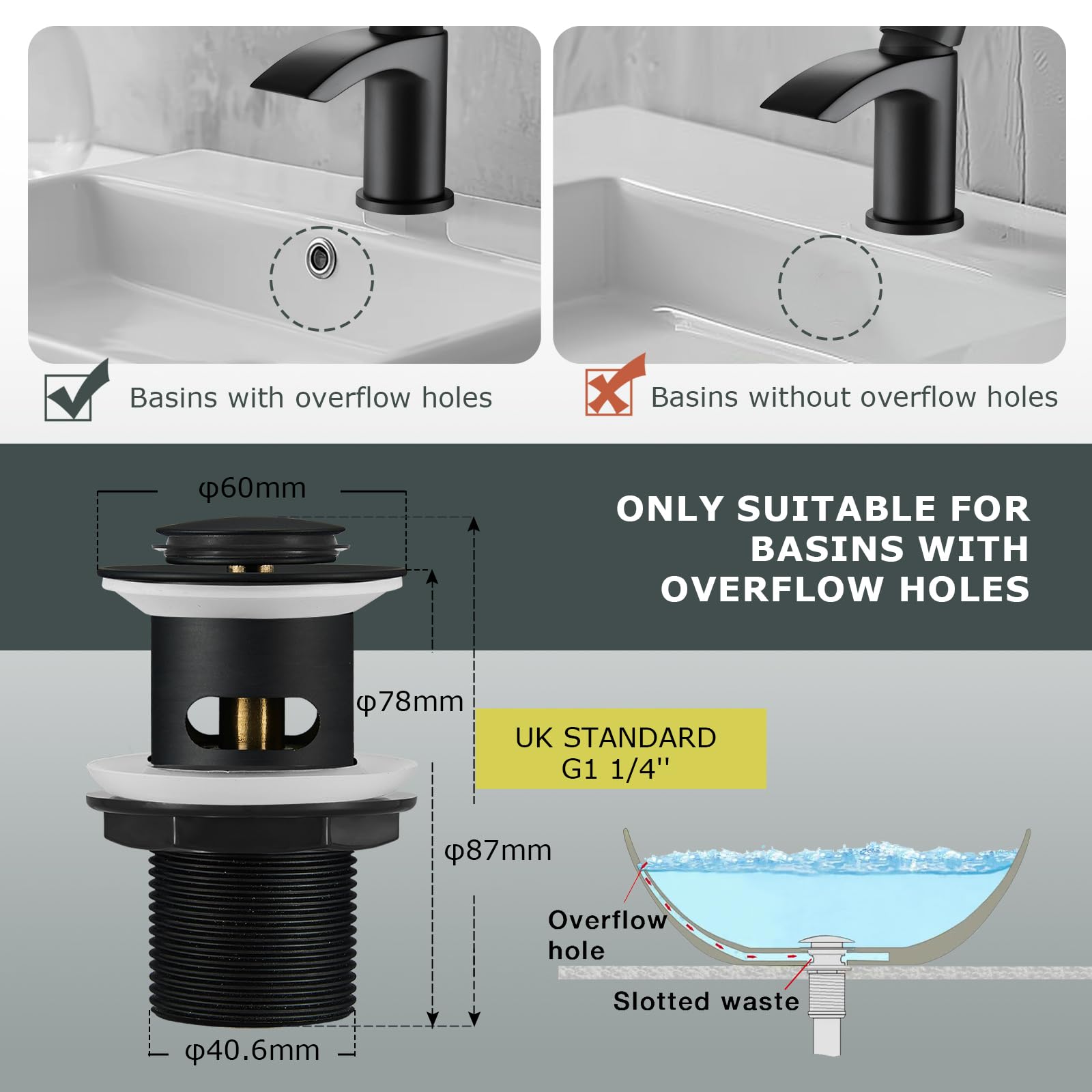 Grifos mezcladores para lavabo, color negro cascada con ranurados emergentes para desagüe de baño, monomando monomando de 1 agujero, monomando moderno con mangueras G1/2 pulgadas, grifo redondo para
